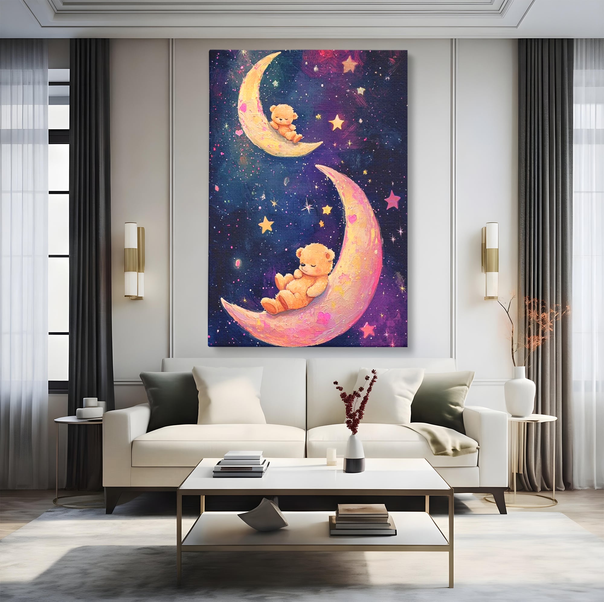 Tablou canvas cu doi ursuleti dorm pe semiluna, fara rama, pe sasiu de lemn, pe perete intr-un living