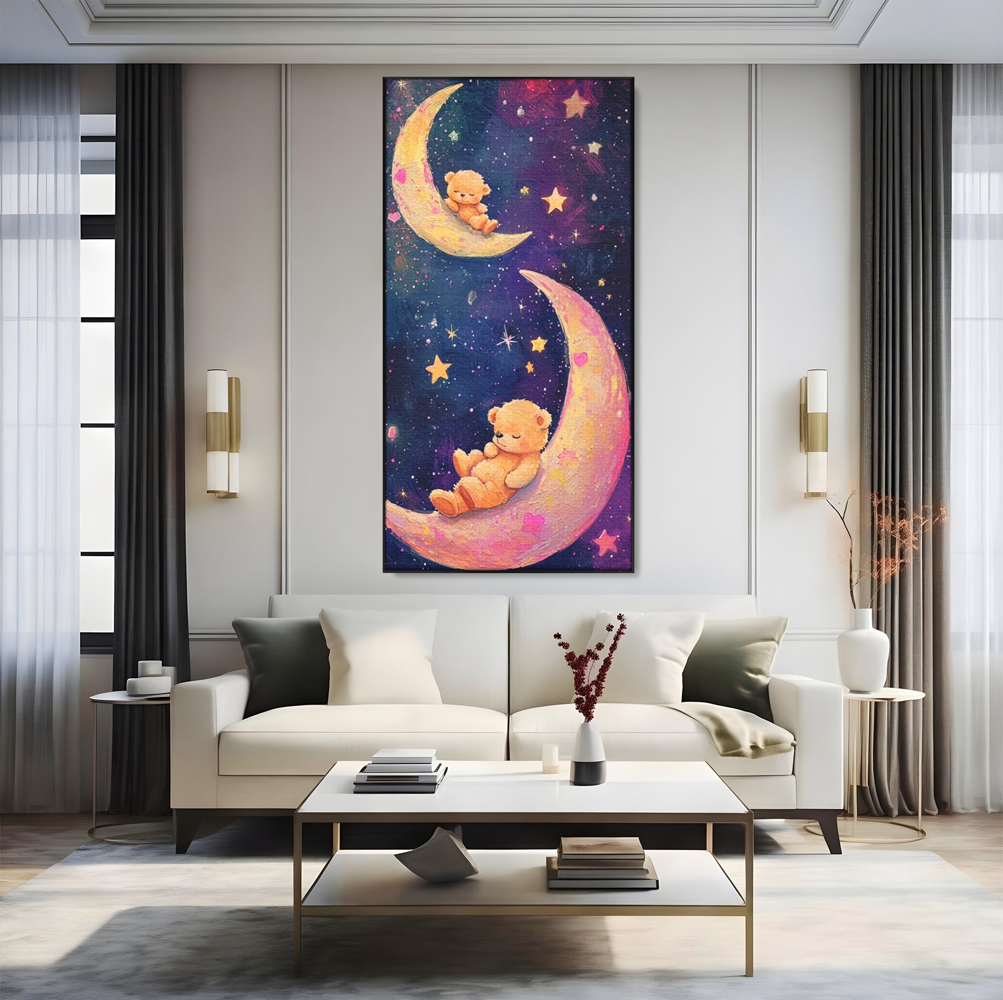 Tablou canvas cu doi ursuleti dorm pe semiluna, in rama de aluminiu negru, pe perete intr-un living