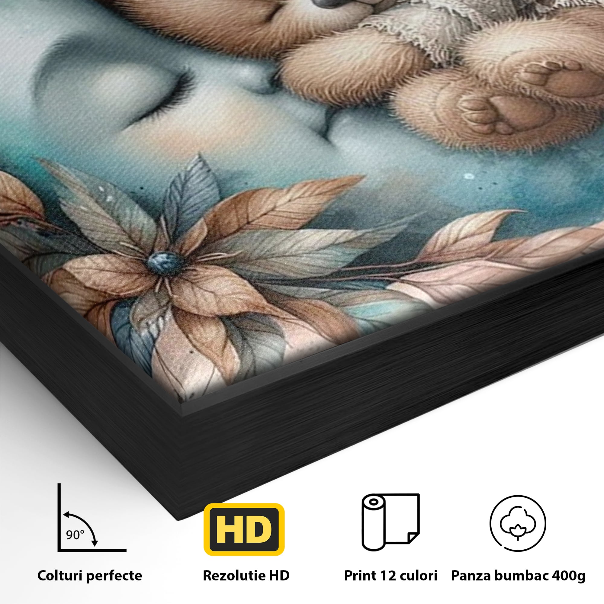Detaliu al suprafetei: tablou canvas cu ursulet adormit pe luna, in rama de aluminiu negru