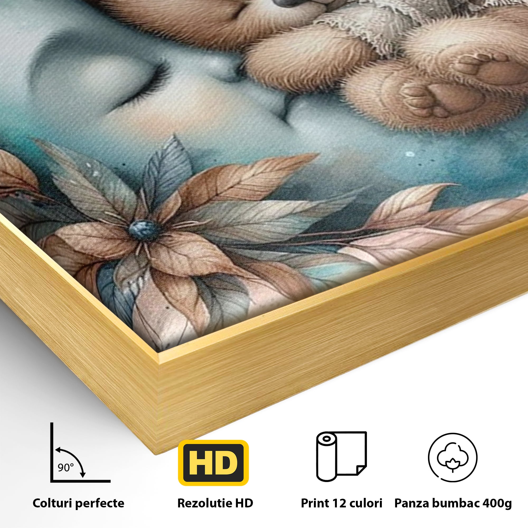 Detaliu al suprafetei: tablou canvas cu ursulet adormit pe luna, in rama de aluminiu auriu