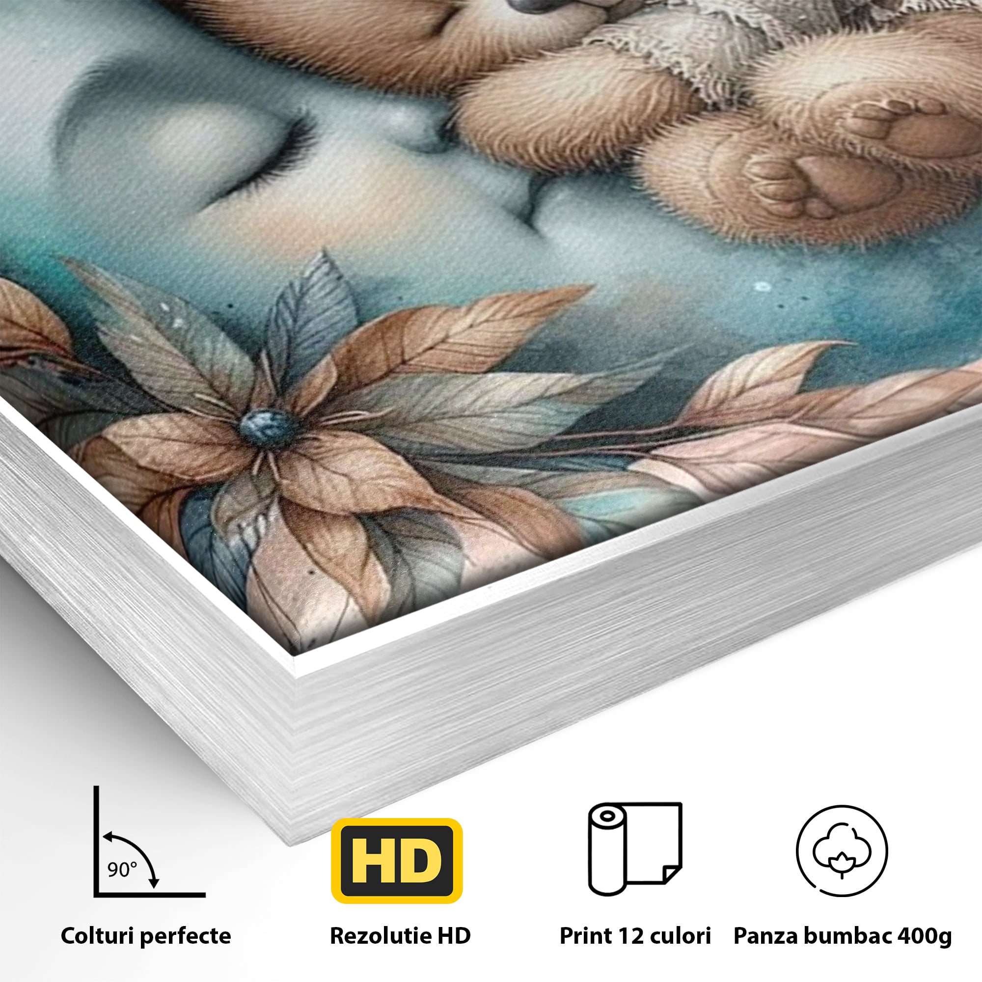 Detaliu al suprafetei: tablou canvas cu ursulet adormit pe luna, in rama de aluminiu argintiu