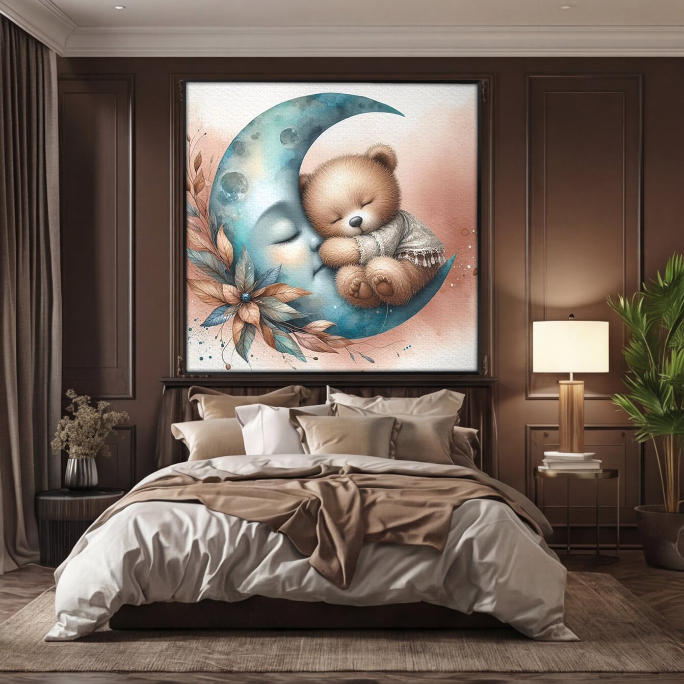 Tablou canvas cu tablou canvas cu ursulet adormit pe luna, in rama de aluminiu negru, pe perete intr-un dormitor