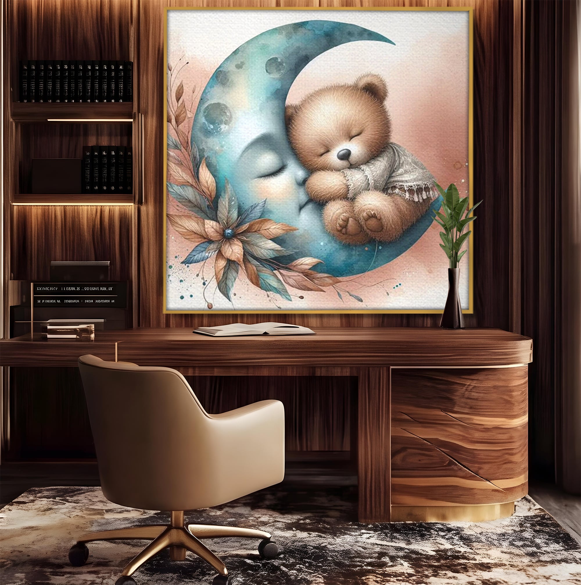 Tablou canvas cu tablou canvas cu ursulet adormit pe luna, in rama de aluminiu auriu, pe perete intr-un birou