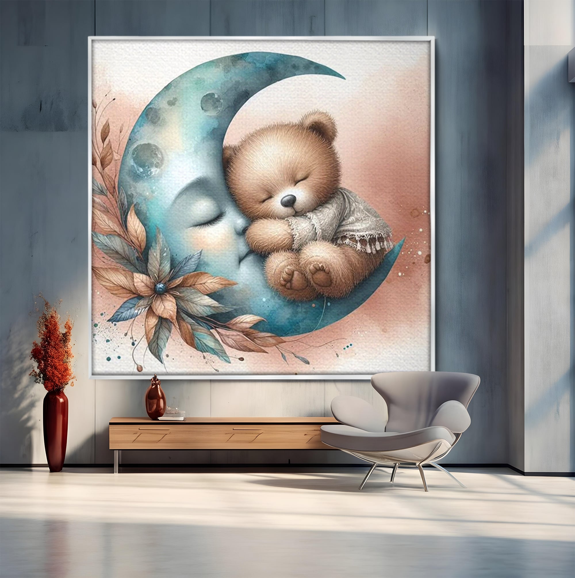 Tablou canvas cu tablou canvas cu ursulet adormit pe luna, in rama de aluminiu argintiu