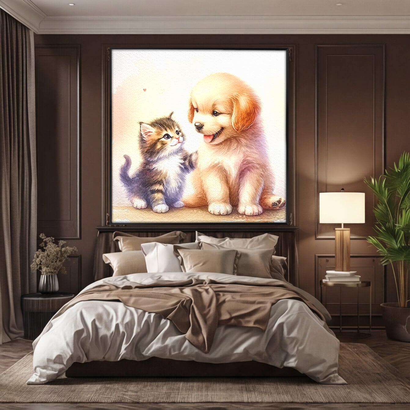 Tablou canvas cu ilustratie acuarela cu catel si pisicuta, in rama de aluminiu negru, pe perete intr-un dormitor