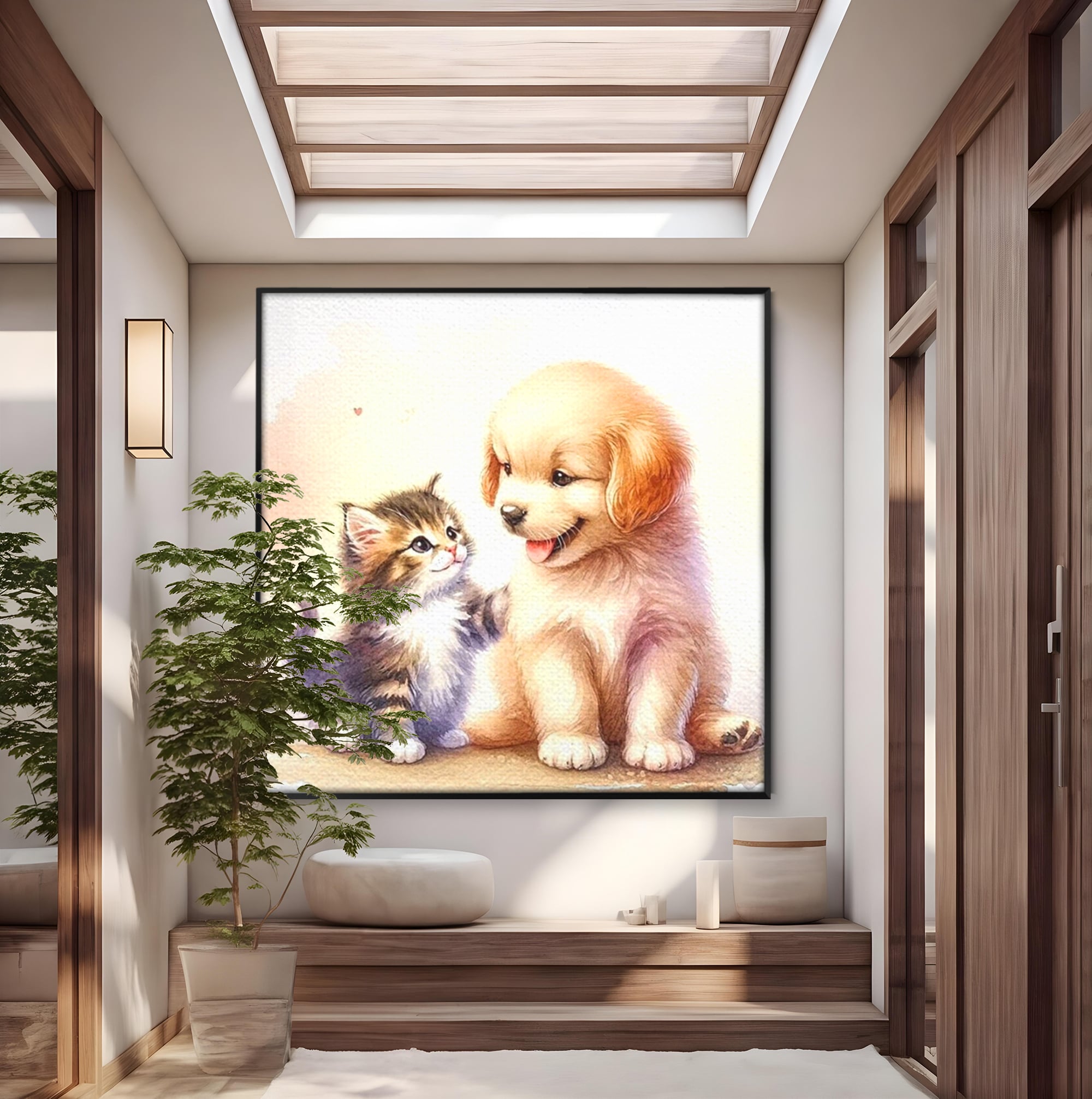 Tablou canvas cu ilustratie acuarela cu catel si pisicuta, in rama de aluminiu negru
