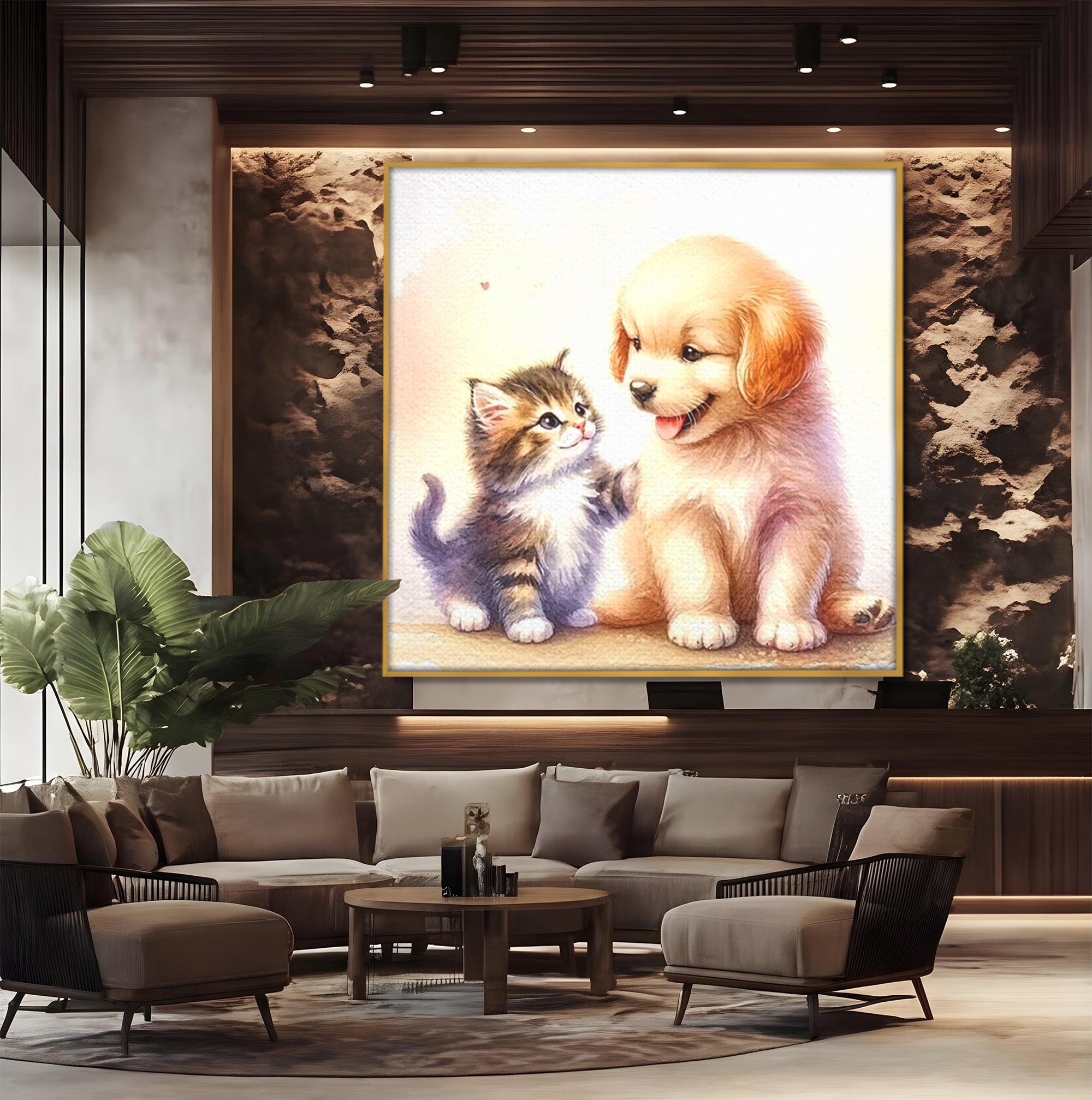 Tablou canvas cu ilustratie acuarela cu catel si pisicuta, in rama de aluminiu auriu, pe perete intr-un birou