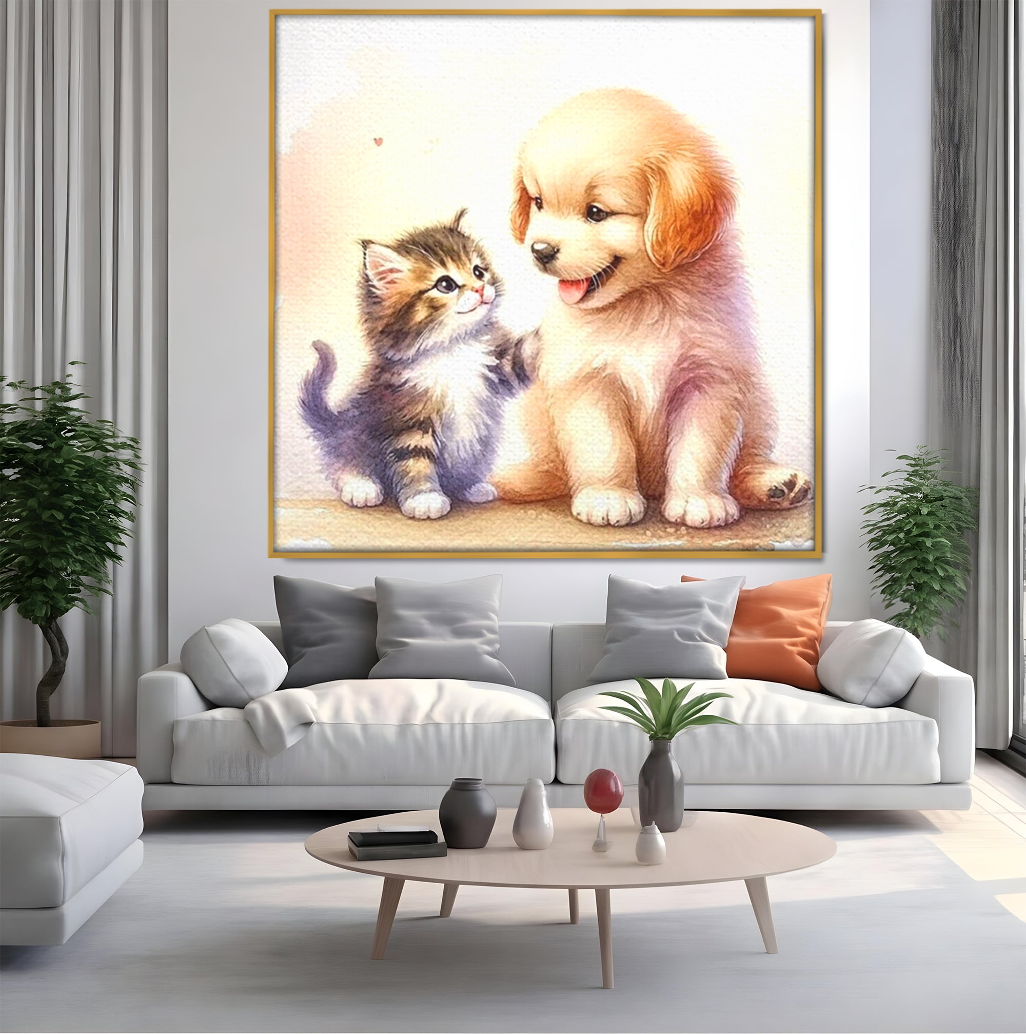 Tablou canvas cu ilustratie acuarela cu catel si pisicuta, in rama de aluminiu auriu, pe perete intr-un living