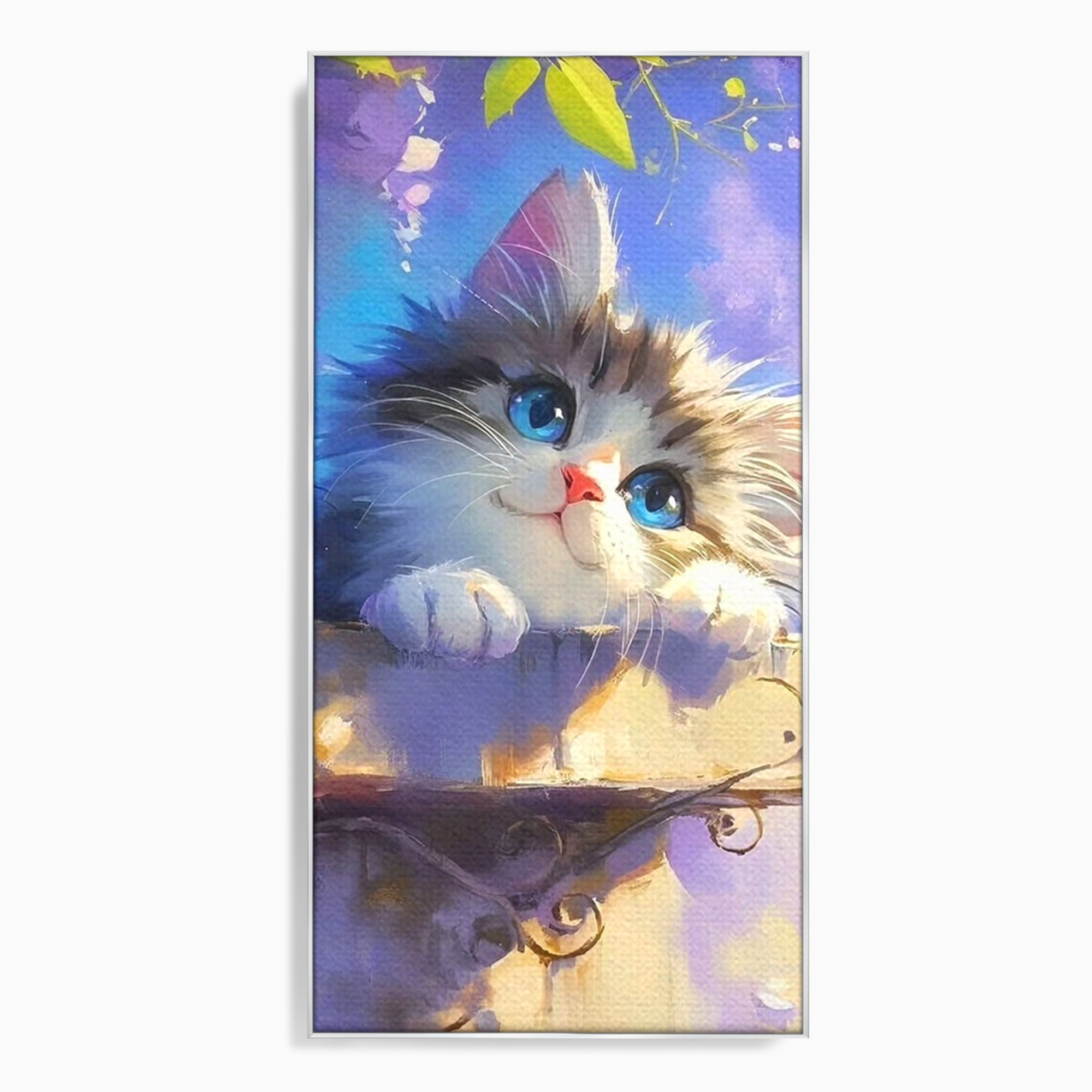 Tablou canvas cu tablou canvas cu pisica pufoasa, in rama de aluminiu argintiu