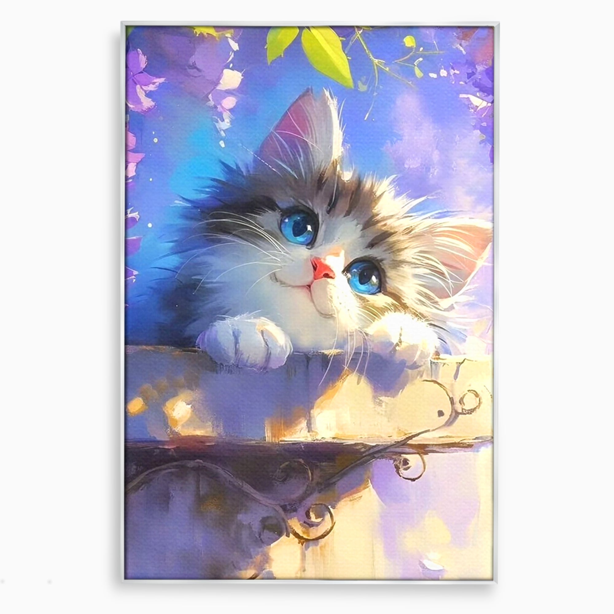 Tablou canvas cu tablou canvas cu pisica pufoasa, in rama de aluminiu argintiu
