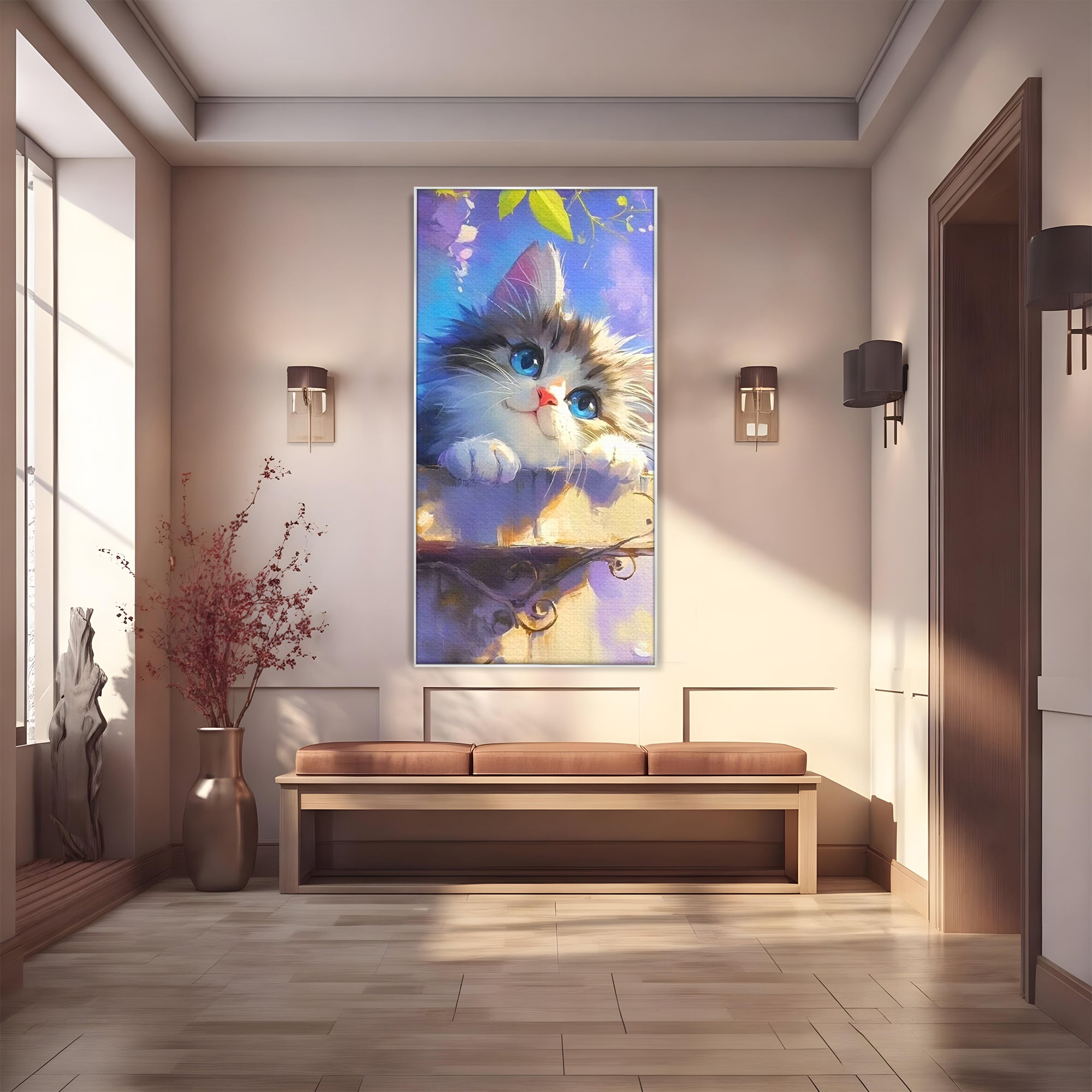 Tablou canvas cu tablou canvas cu pisica pufoasa, in rama de aluminiu argintiu