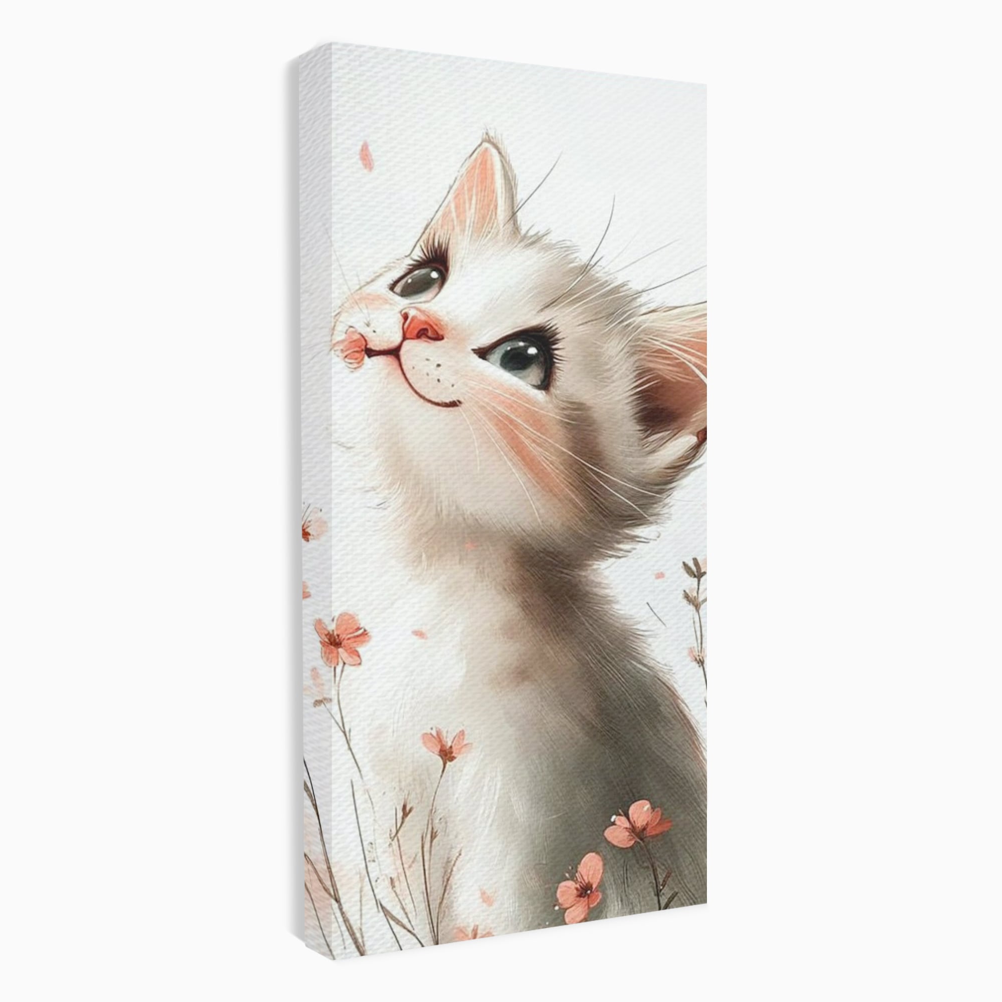 Tablou canvas cu ilustratie cu pisicuta alba si flori roz, fara rama, pe sasiu de lemn