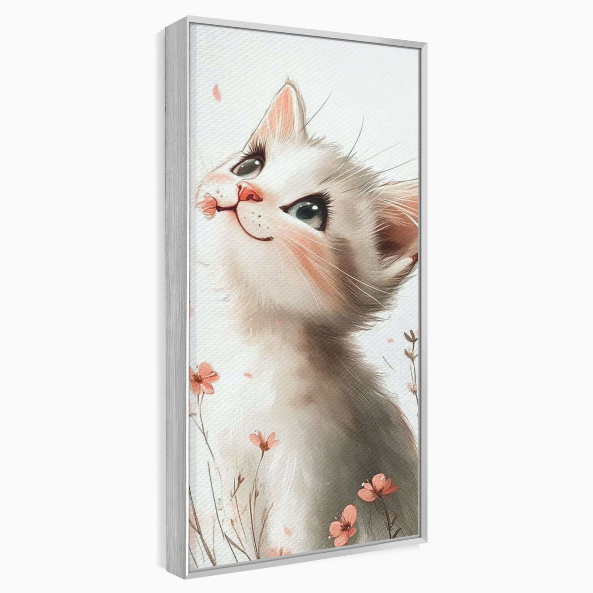 Tablou canvas cu ilustratie cu pisicuta alba si flori roz, in rama de aluminiu argintiu