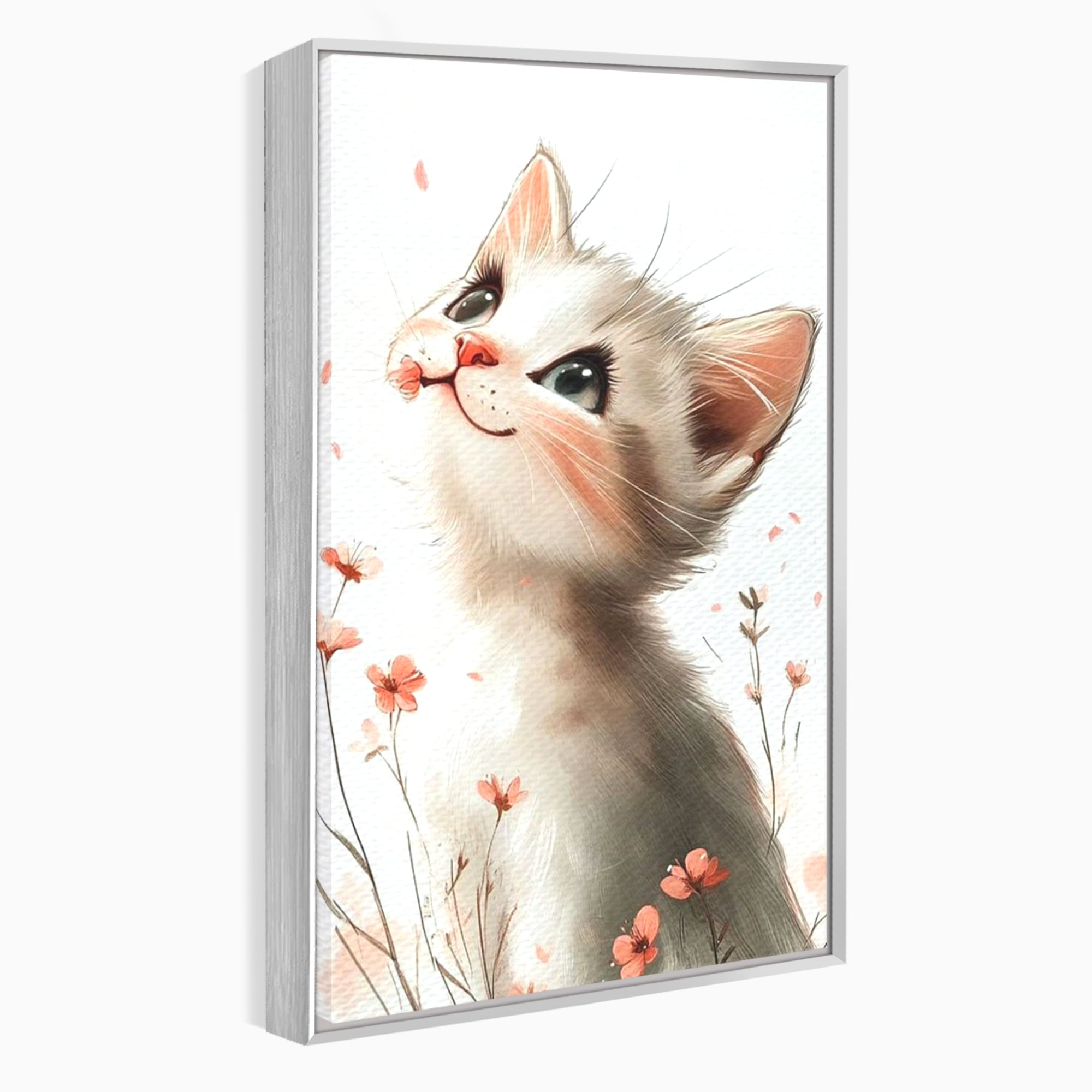 Tablou canvas cu ilustratie cu pisicuta alba si flori roz, in rama de aluminiu argintiu