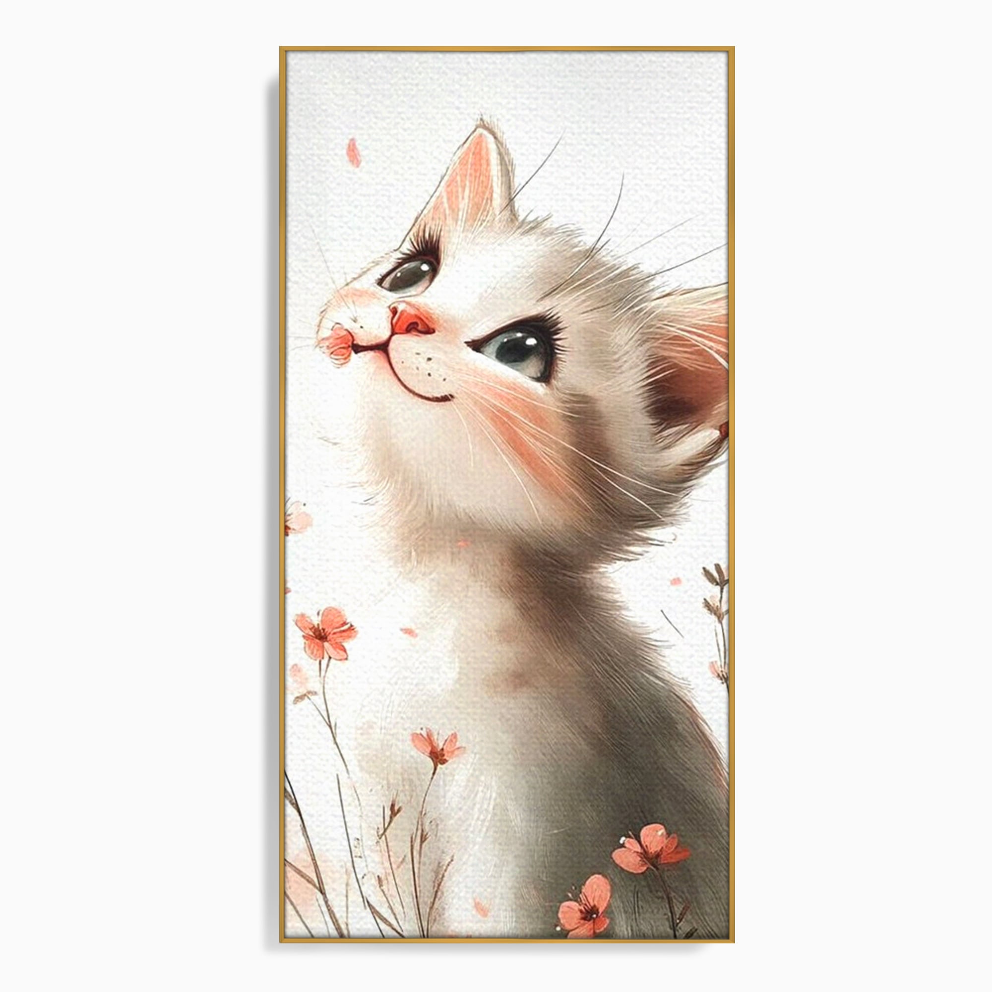 Tablou canvas cu ilustratie cu pisicuta alba si flori roz, in rama de aluminiu auriu