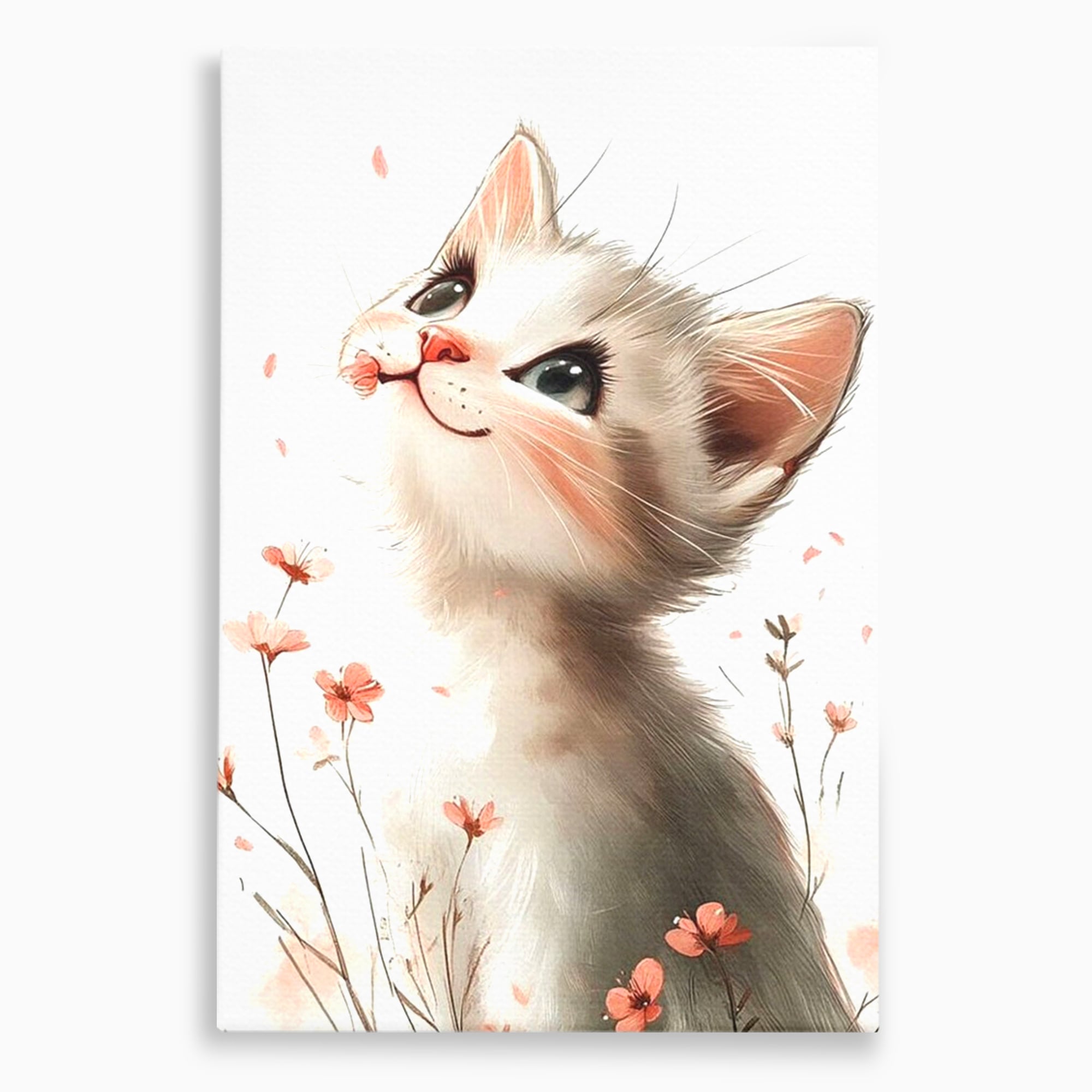 Tablou canvas cu ilustratie cu pisicuta alba si flori roz, fara rama, pe sasiu de lemn