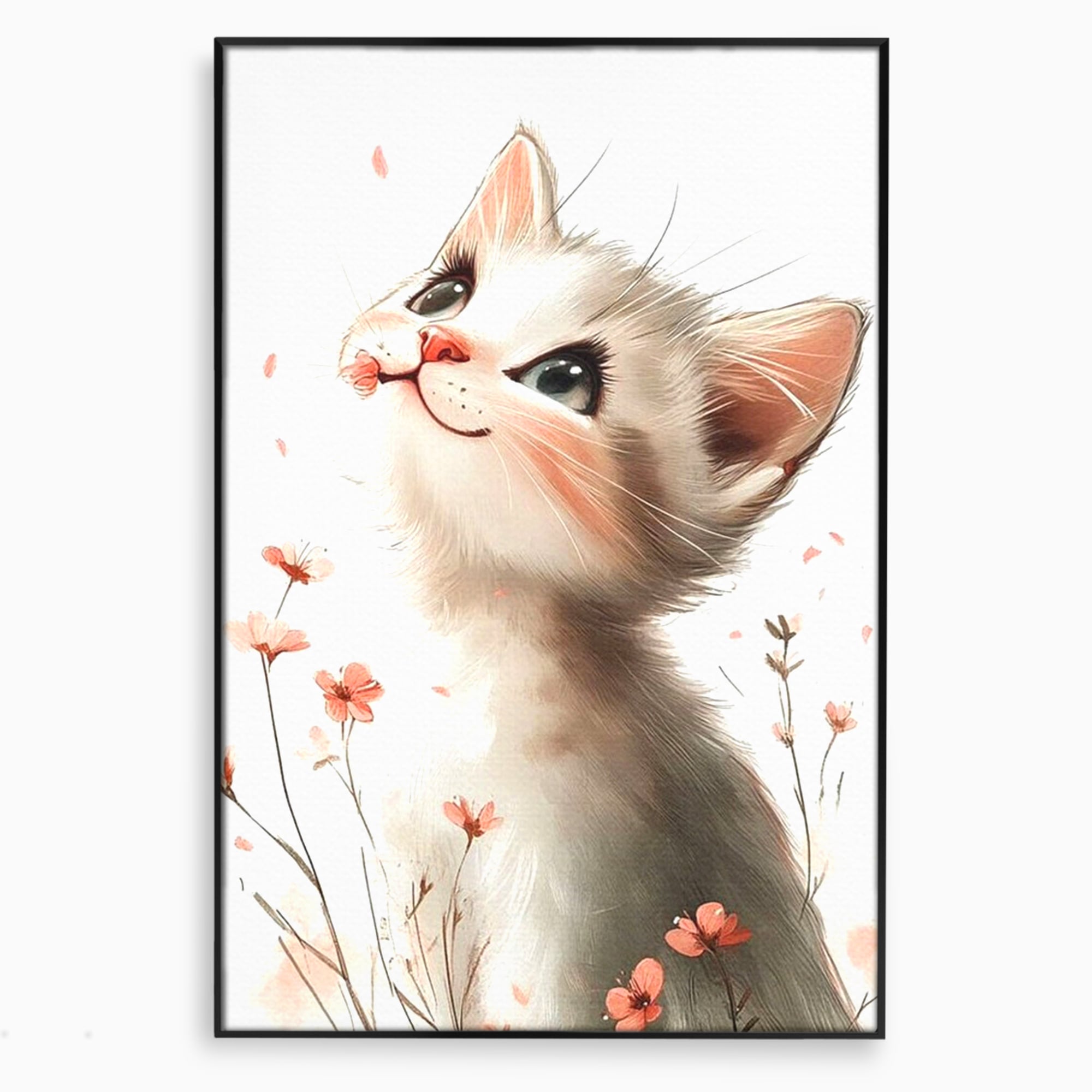 Tablou canvas cu ilustratie cu pisicuta alba si flori roz, in rama de aluminiu negru