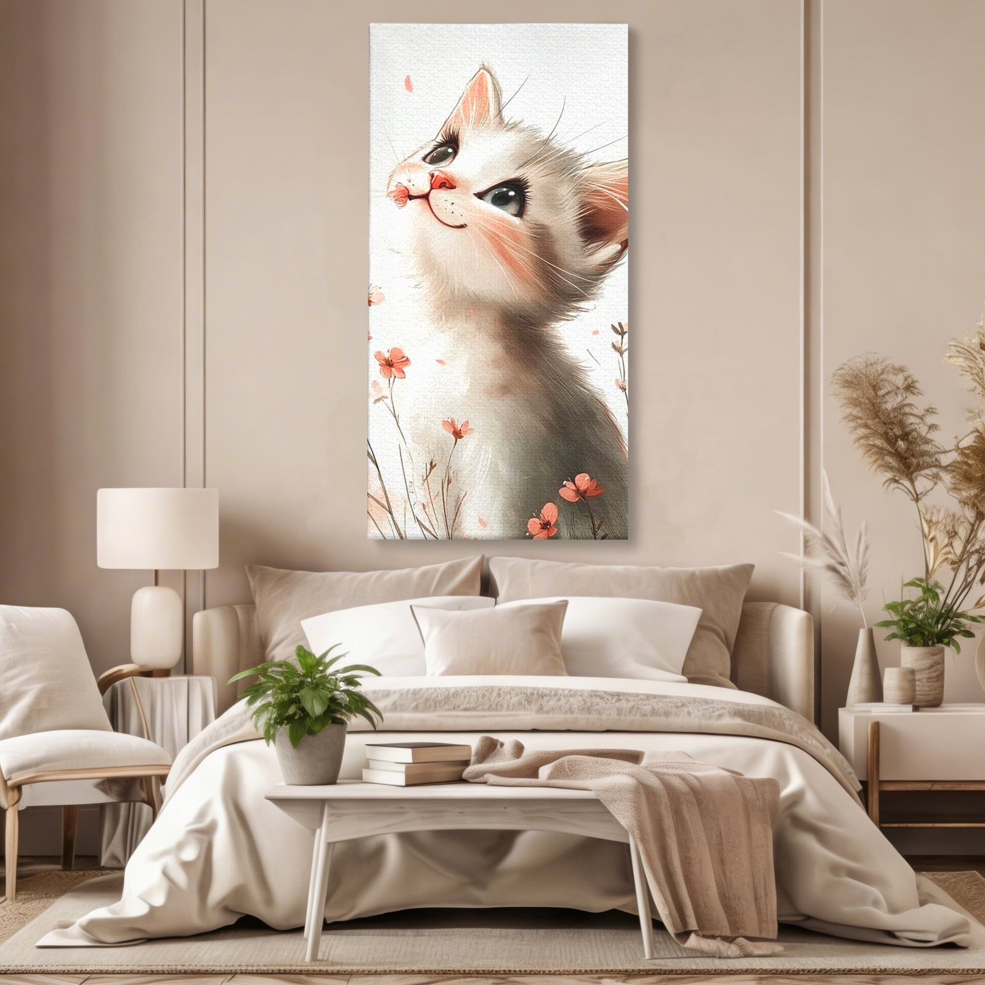 Tablou canvas cu ilustratie cu pisicuta alba si flori roz, fara rama, pe sasiu de lemn, pe perete intr-un dormitor