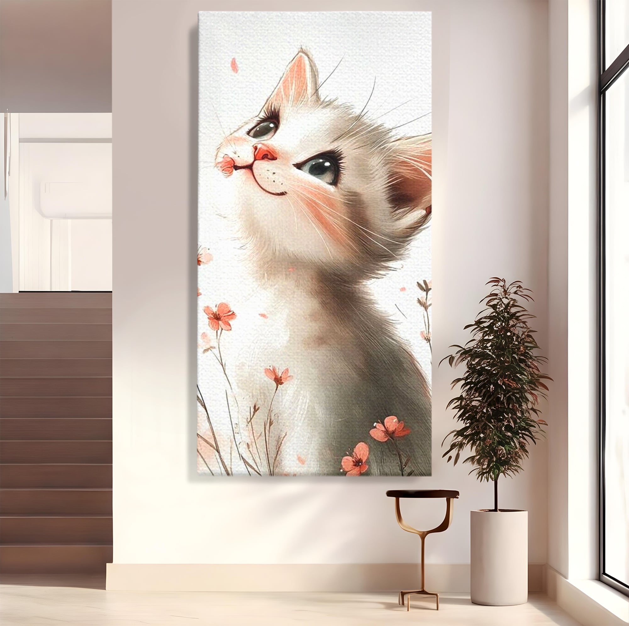 Tablou canvas cu ilustratie cu pisicuta alba si flori roz, fara rama, pe sasiu de lemn