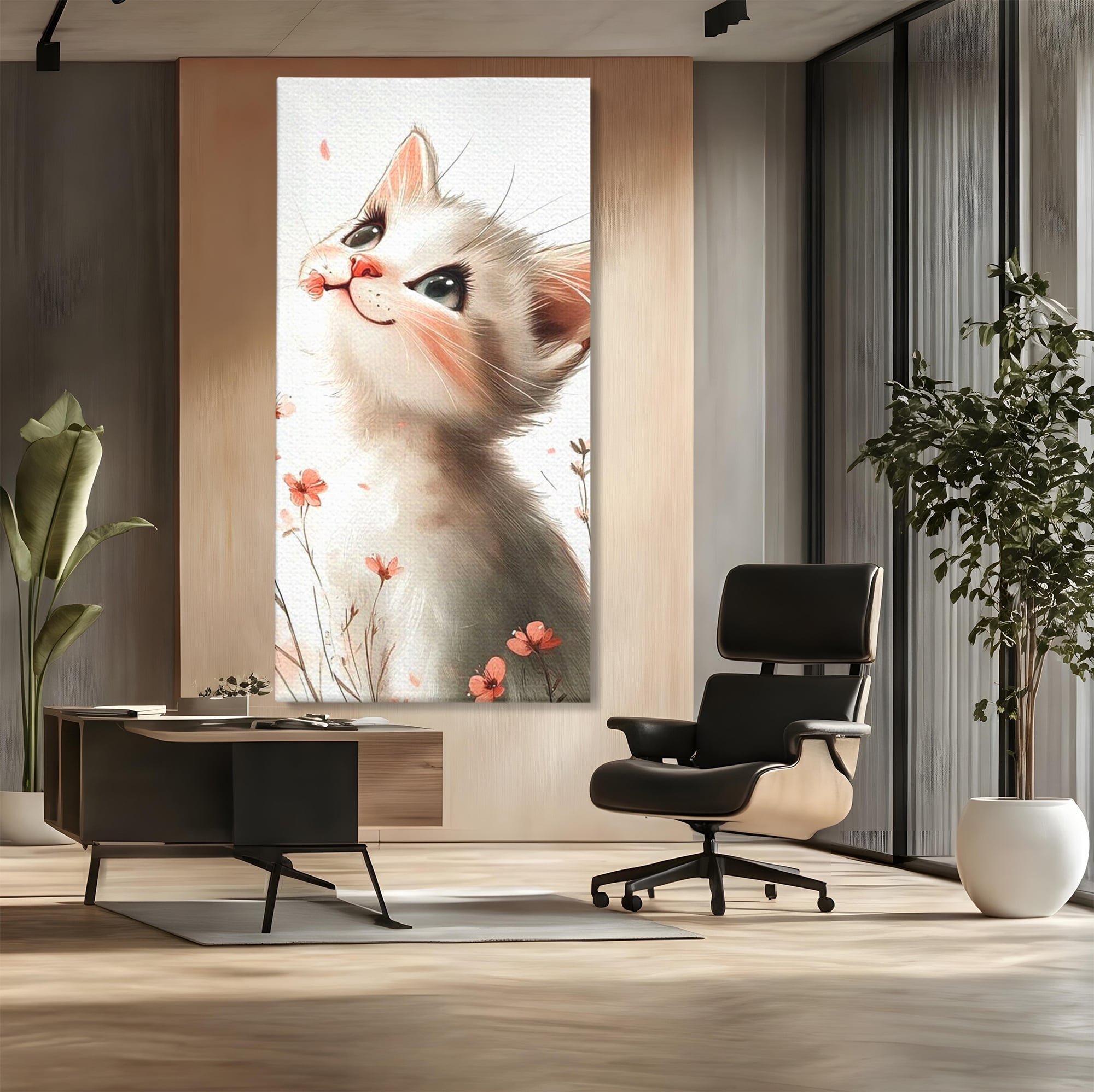 Tablou canvas cu ilustratie cu pisicuta alba si flori roz, fara rama, pe sasiu de lemn, pe perete intr-un birou
