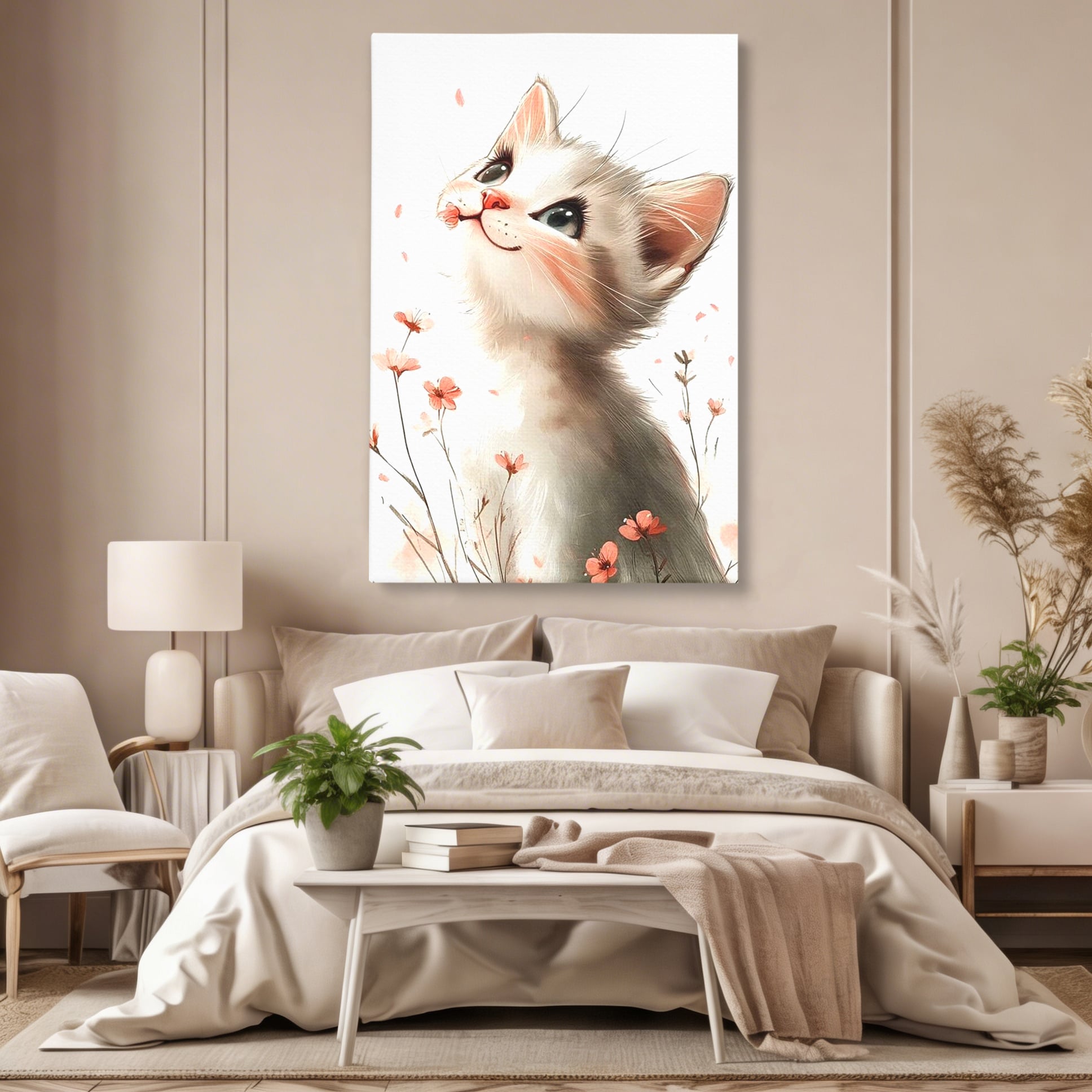 Tablou canvas cu ilustratie cu pisicuta alba si flori roz, fara rama, pe sasiu de lemn, pe perete intr-un dormitor