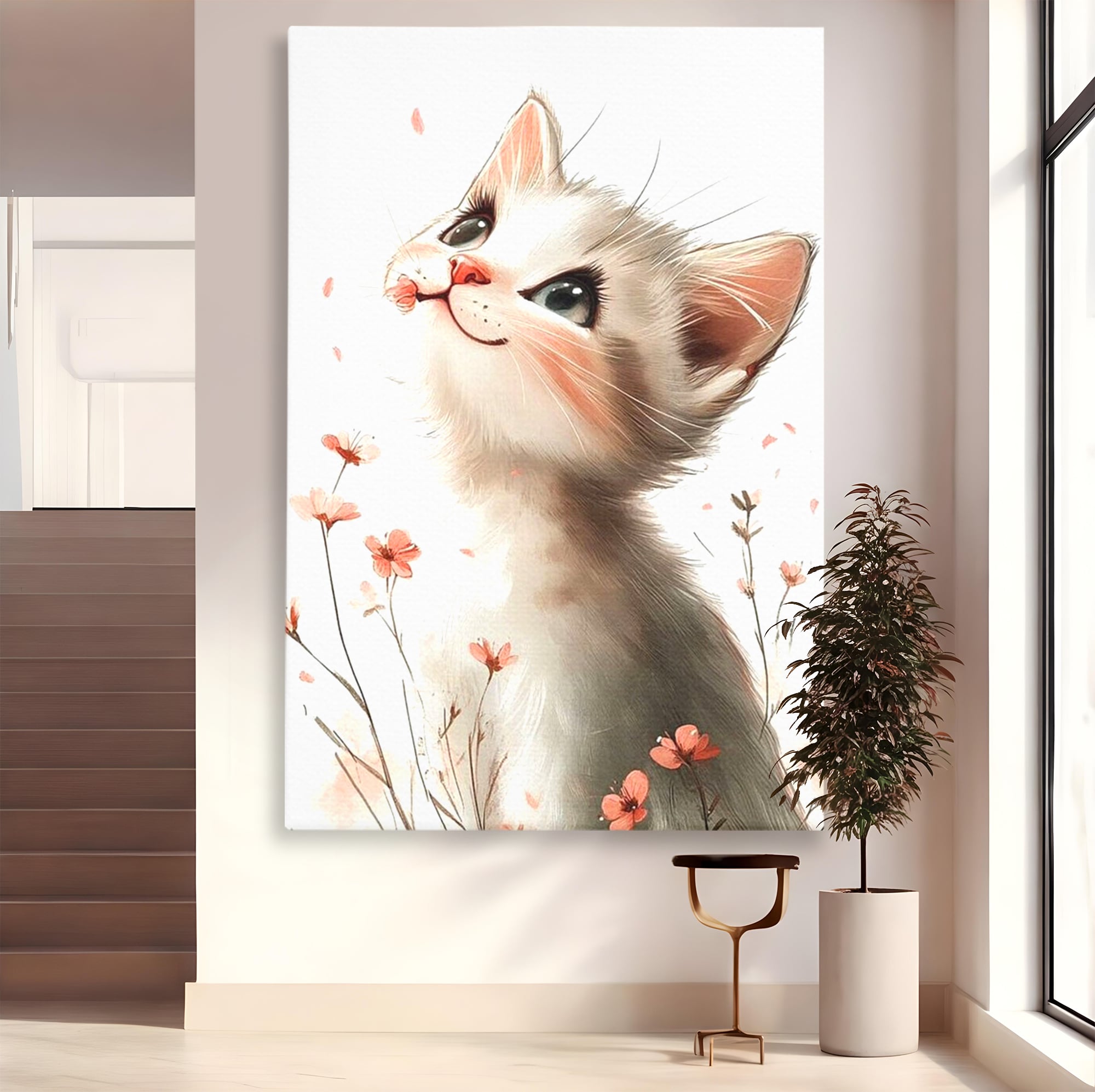 Tablou canvas cu ilustratie cu pisicuta alba si flori roz, fara rama, pe sasiu de lemn