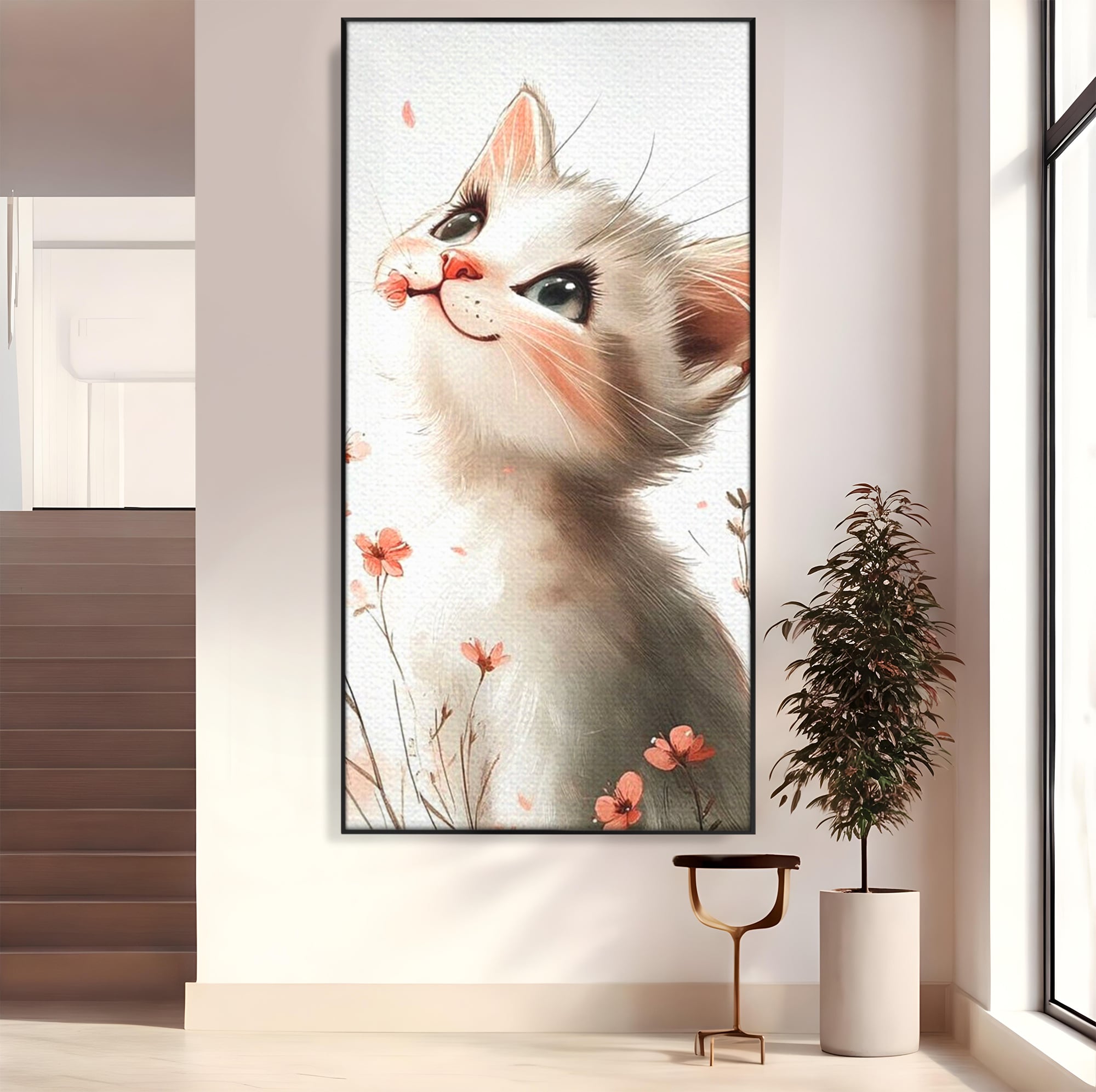 Tablou canvas cu ilustratie cu pisicuta alba si flori roz, in rama de aluminiu negru