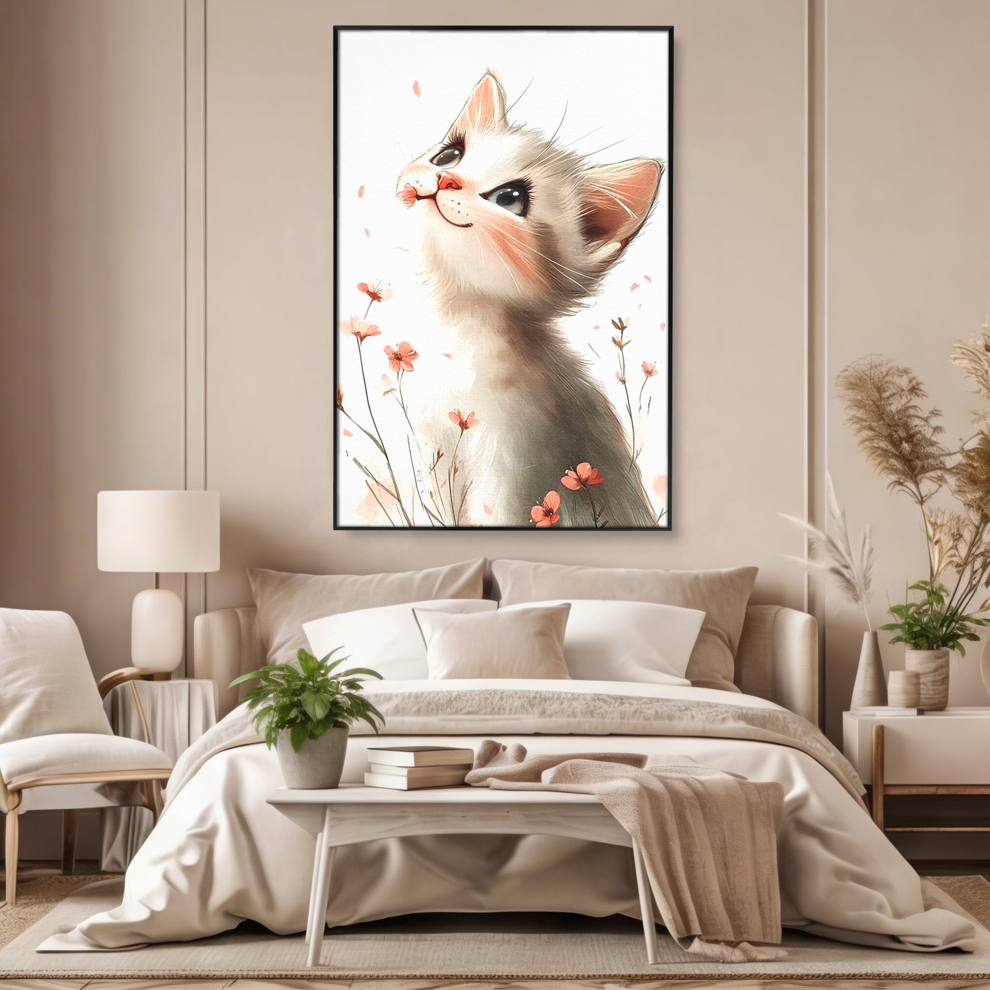 Tablou canvas cu ilustratie cu pisicuta alba si flori roz, in rama de aluminiu negru, pe perete intr-un dormitor