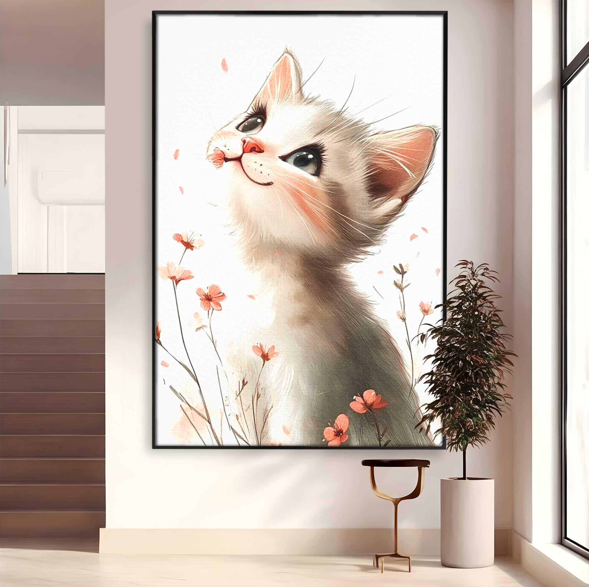 Tablou canvas cu ilustratie cu pisicuta alba si flori roz, in rama de aluminiu negru