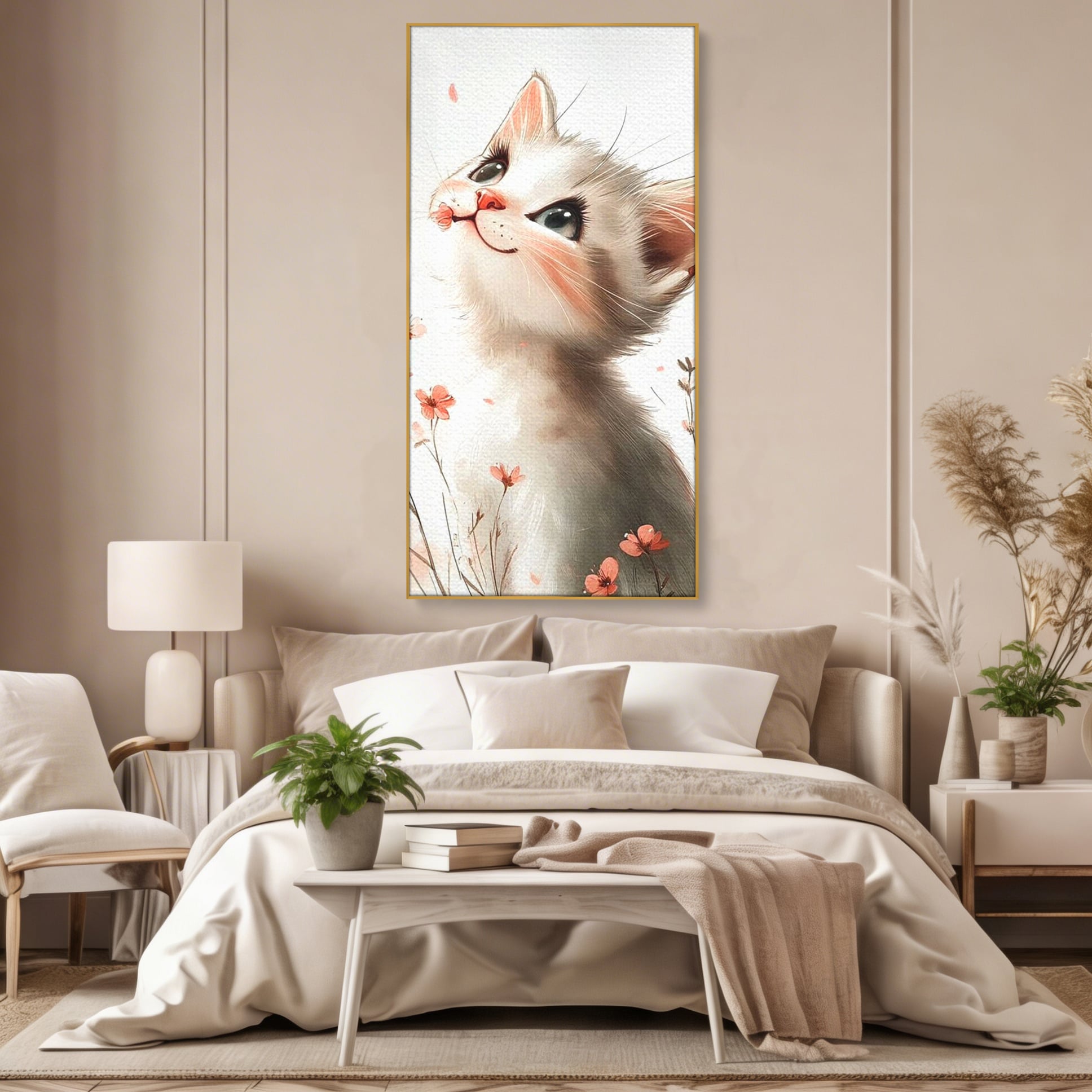 Tablou canvas cu ilustratie cu pisicuta alba si flori roz, in rama de aluminiu auriu, pe perete intr-un dormitor