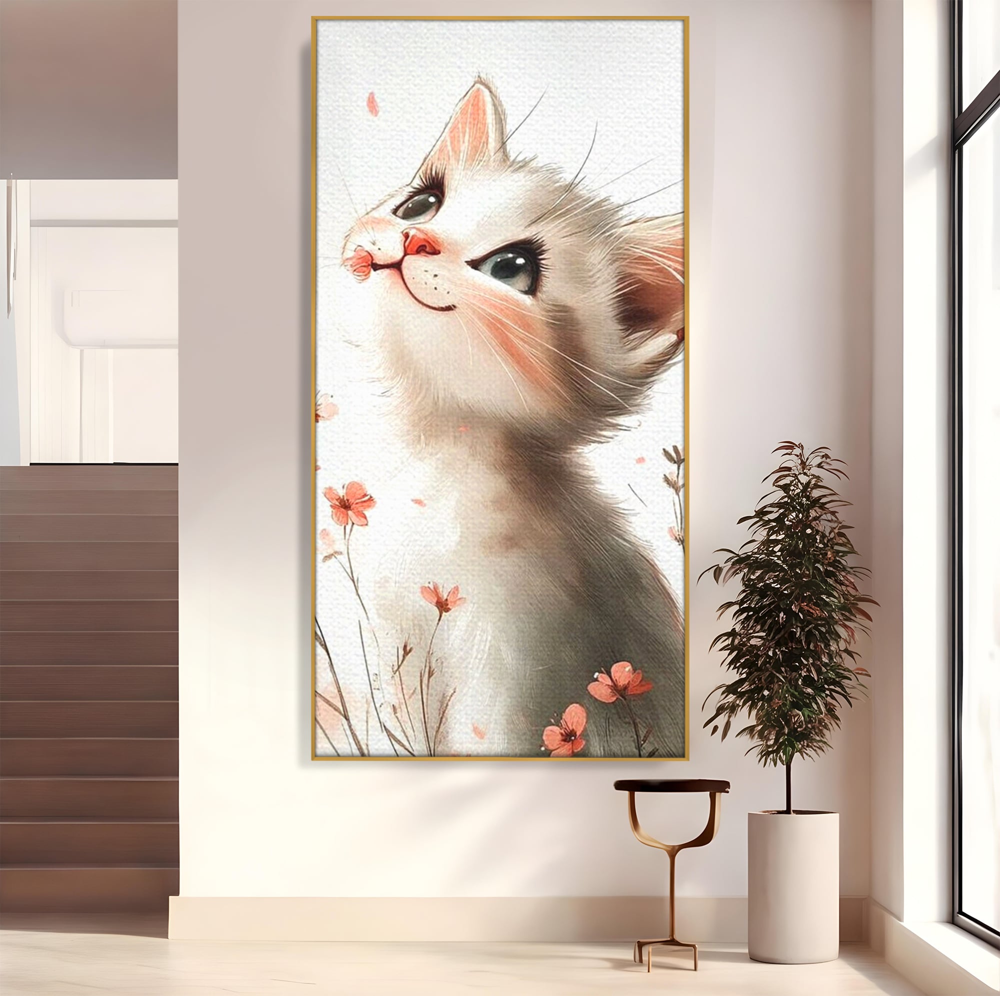 Tablou canvas cu ilustratie cu pisicuta alba si flori roz, in rama de aluminiu auriu