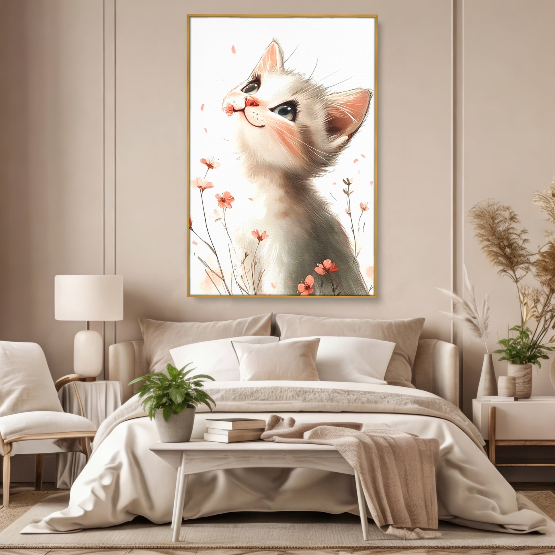 Tablou canvas cu ilustratie cu pisicuta alba si flori roz, in rama de aluminiu auriu, pe perete intr-un dormitor