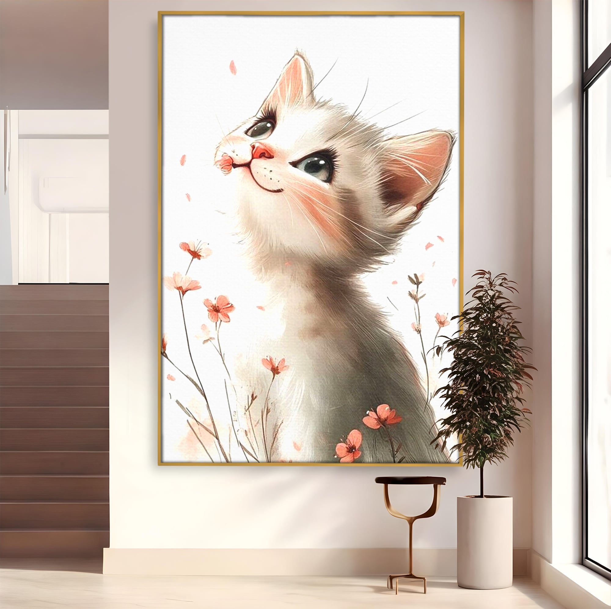 Tablou canvas cu ilustratie cu pisicuta alba si flori roz, in rama de aluminiu auriu