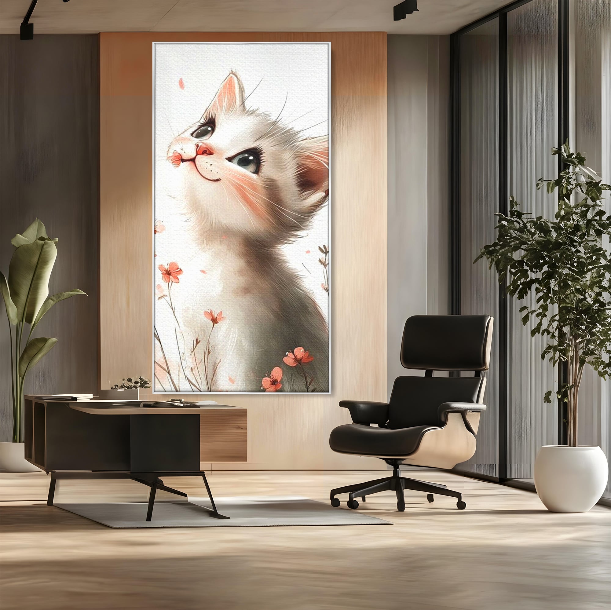 Tablou canvas cu ilustratie cu pisicuta alba si flori roz, in rama de aluminiu argintiu, pe perete intr-un birou