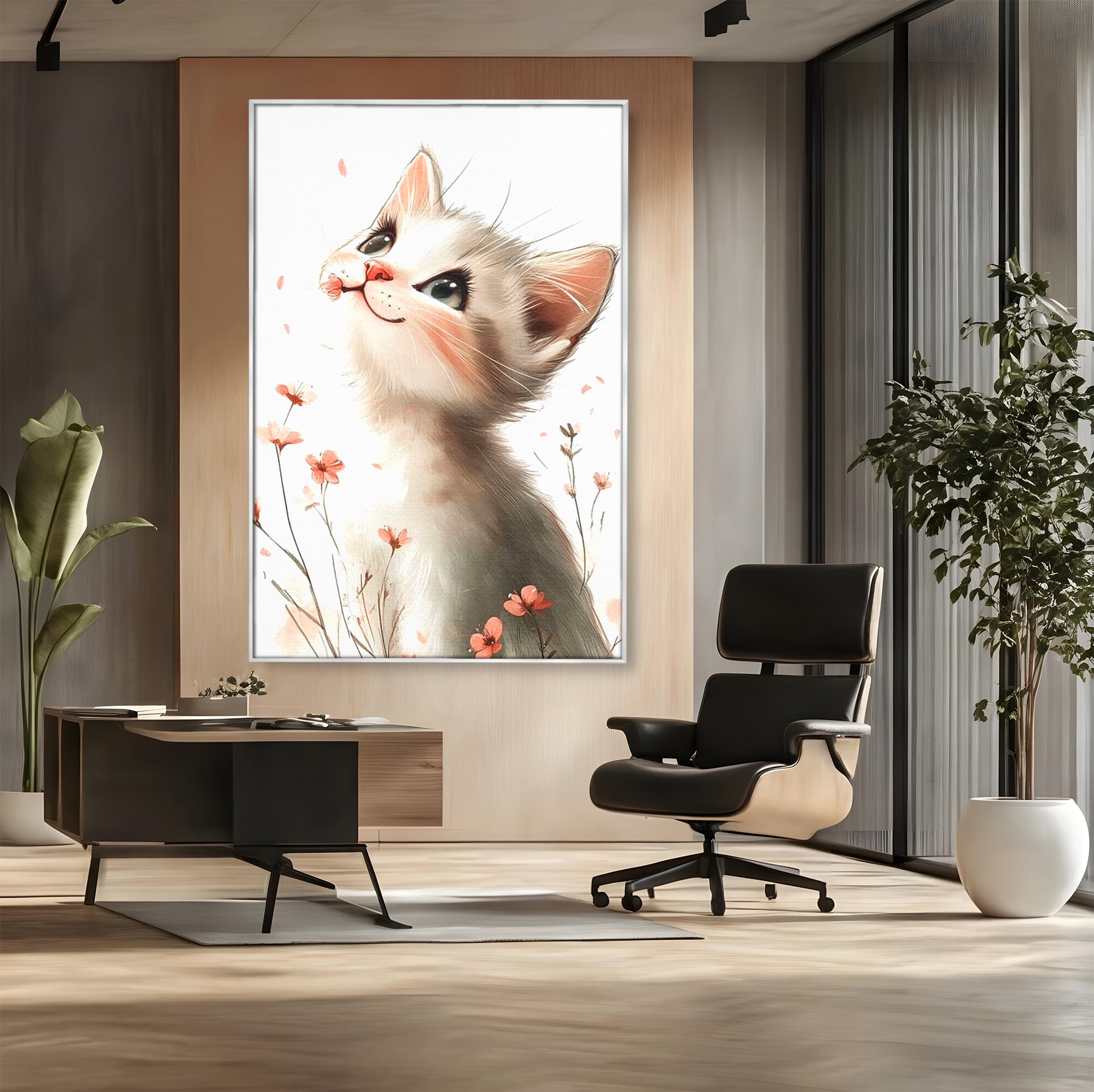 Tablou canvas cu ilustratie cu pisicuta alba si flori roz, in rama de aluminiu argintiu, pe perete intr-un birou