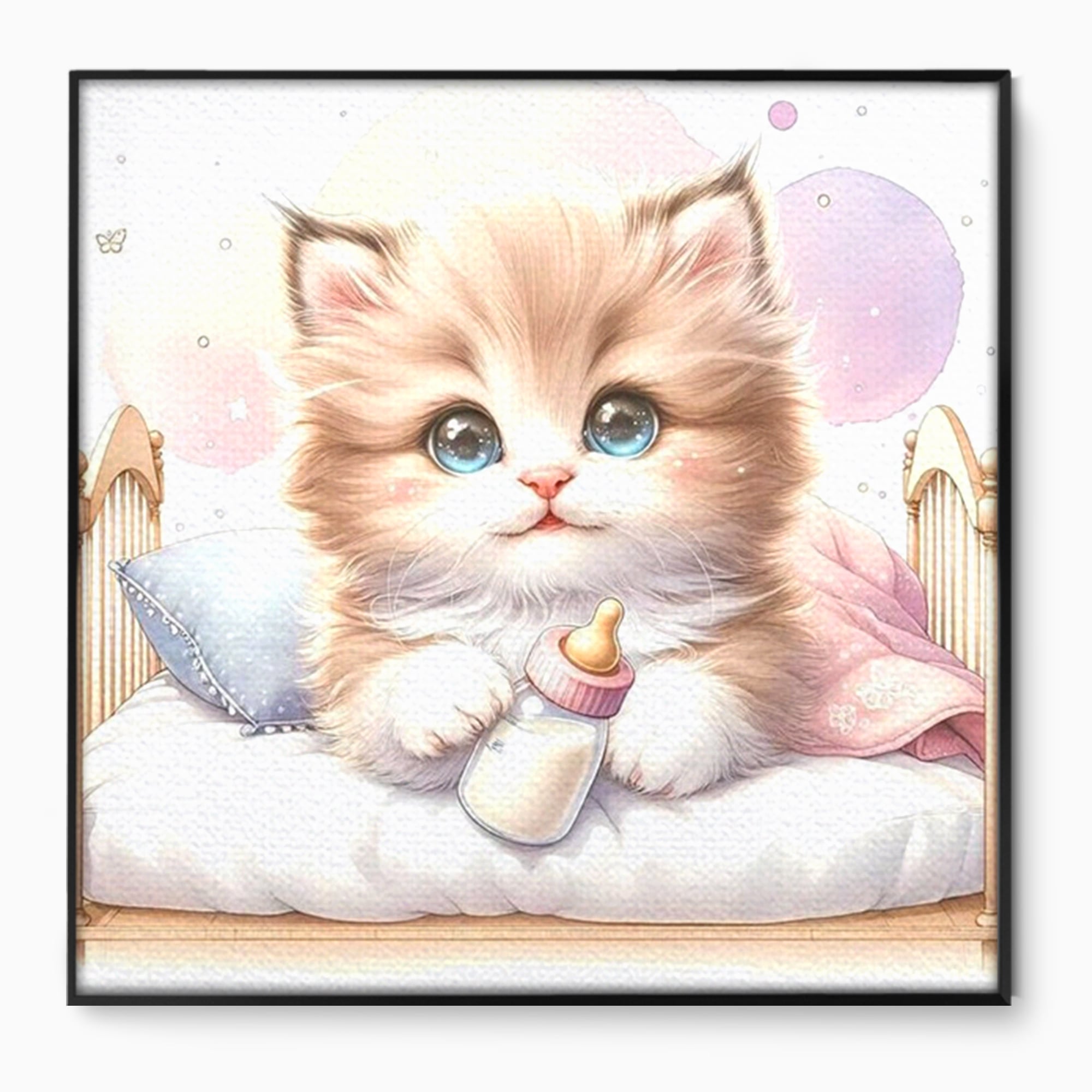 Tablou canvas cu ilustratie cu pisicuta pufoasa in patut, in rama de aluminiu negru