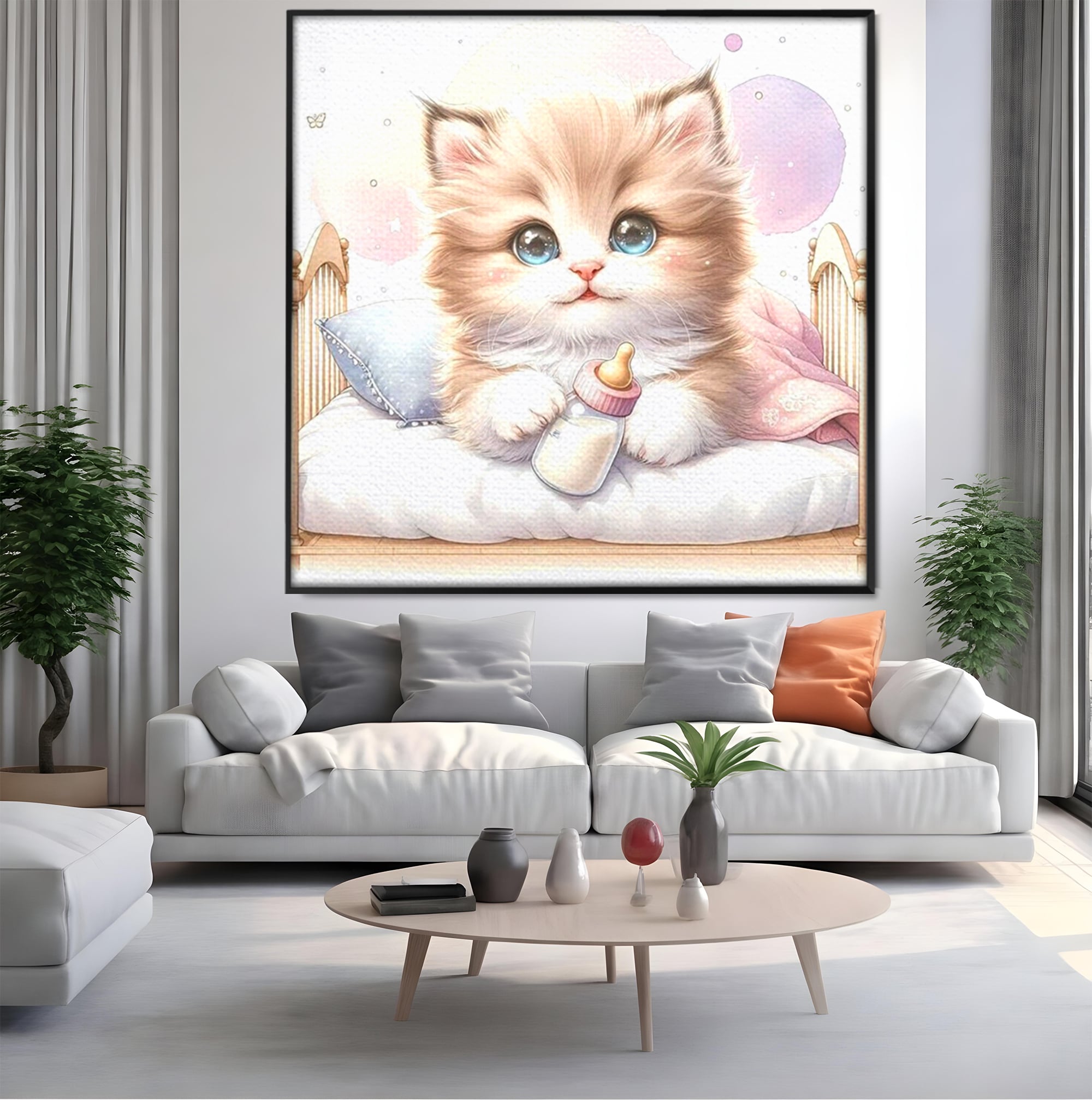 Tablou canvas cu ilustratie cu pisicuta pufoasa in patut, in rama de aluminiu negru, pe perete intr-un living