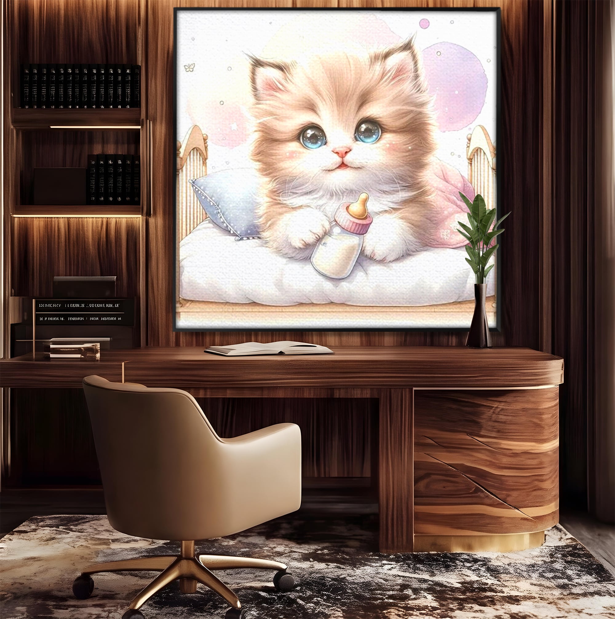 Tablou canvas cu ilustratie cu pisicuta pufoasa in patut, in rama de aluminiu negru, pe perete intr-un birou