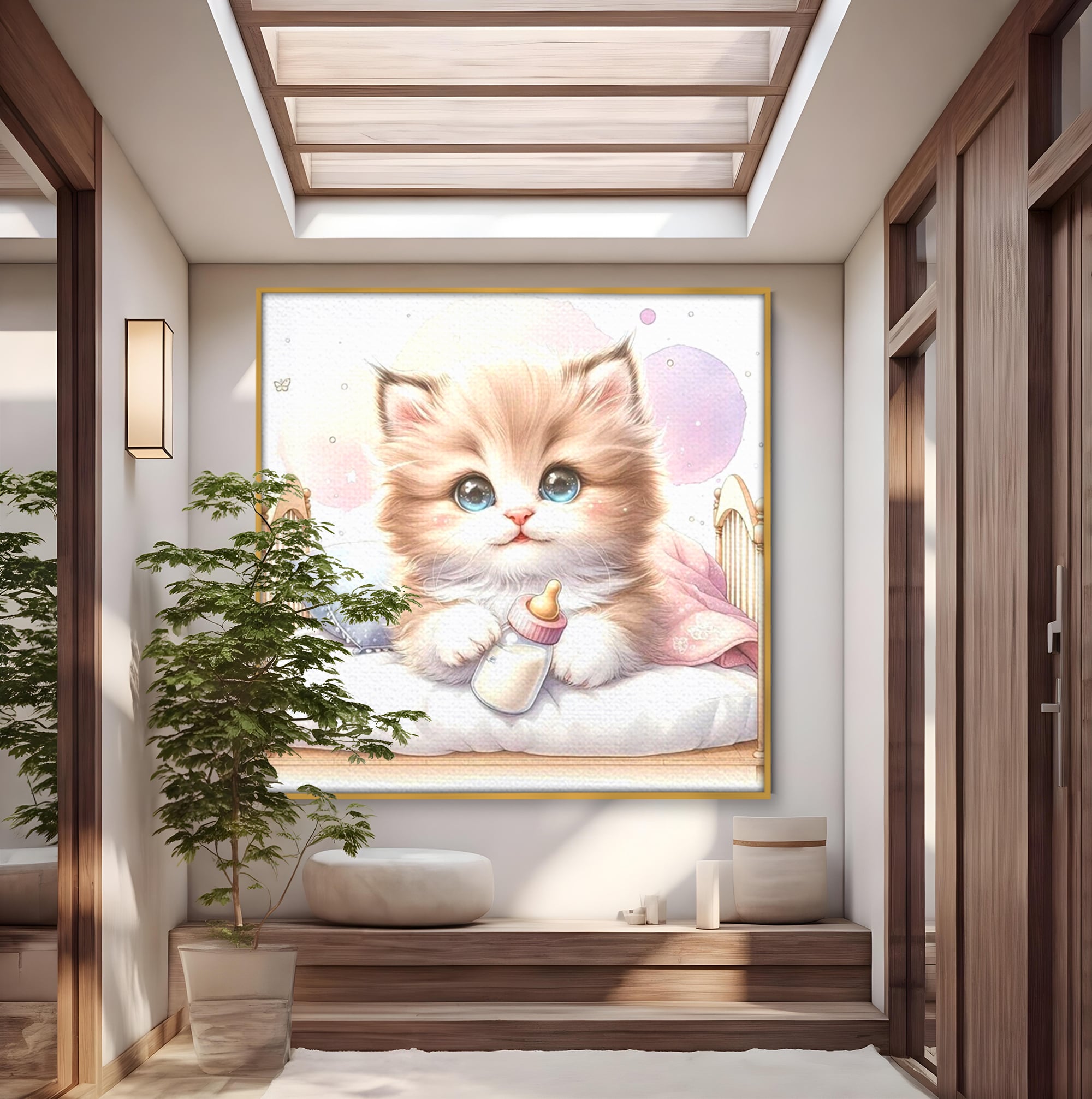 Tablou canvas cu ilustratie cu pisicuta pufoasa in patut, in rama de aluminiu auriu