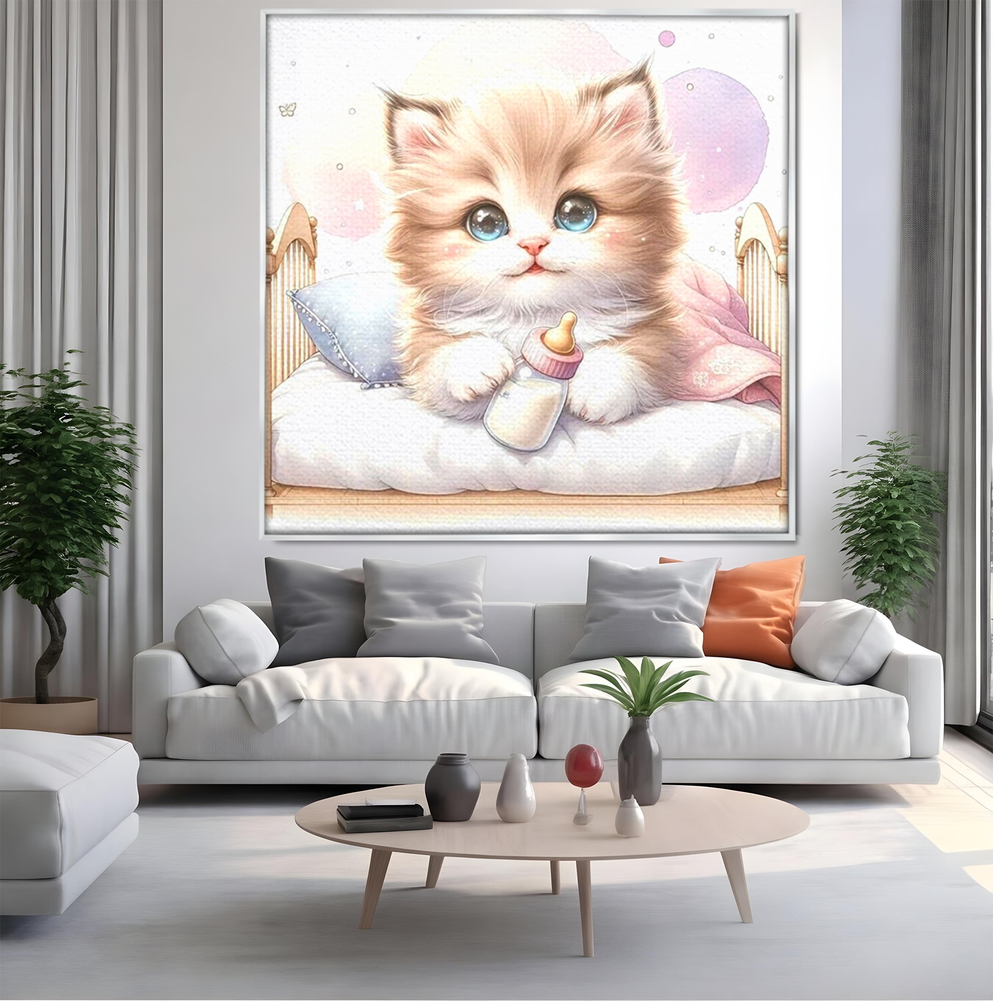Tablou canvas cu ilustratie cu pisicuta pufoasa in patut, in rama de aluminiu argintiu, pe perete intr-un living