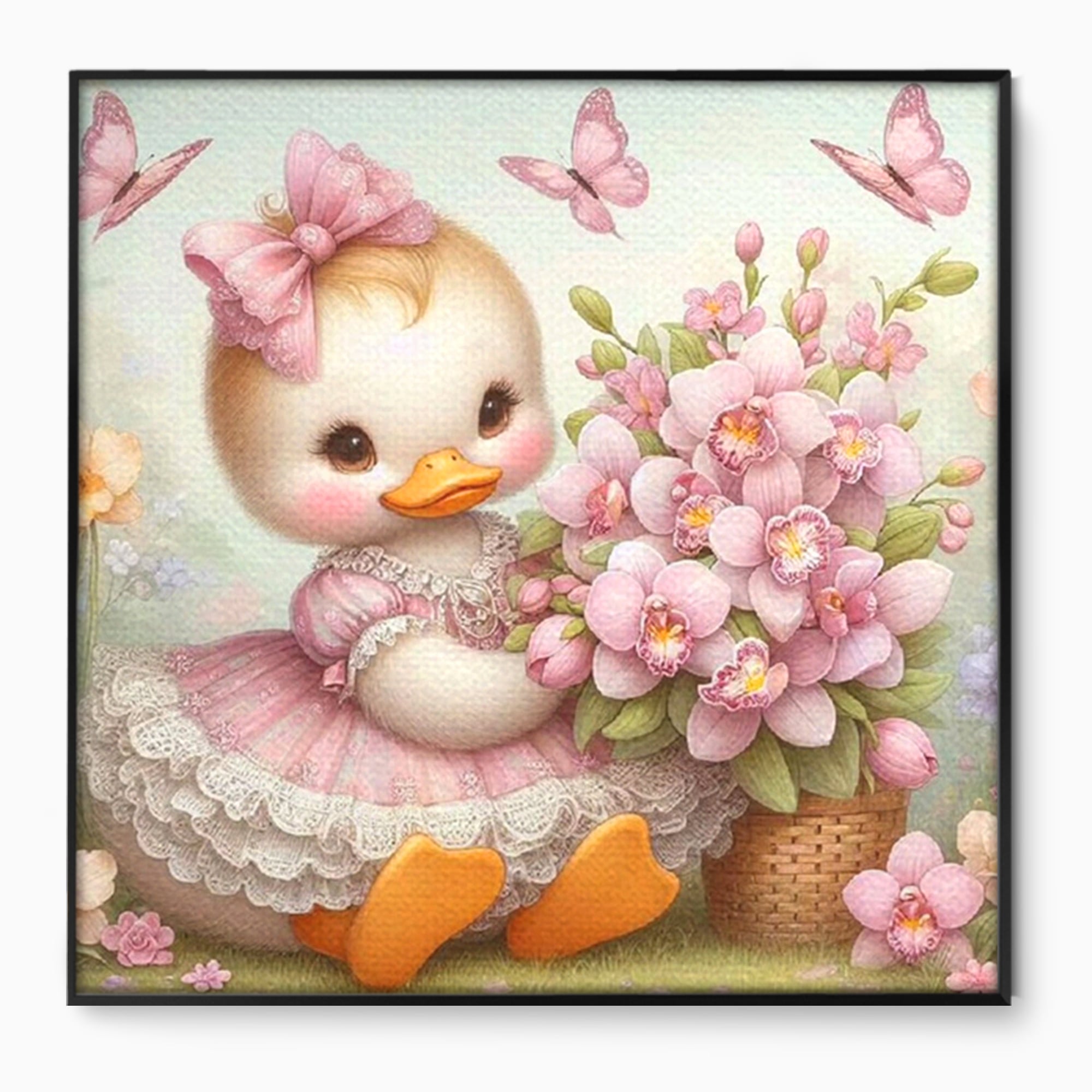 Tablou canvas cu ilustratie cu ratusca roz si fluturi, in rama de aluminiu negru