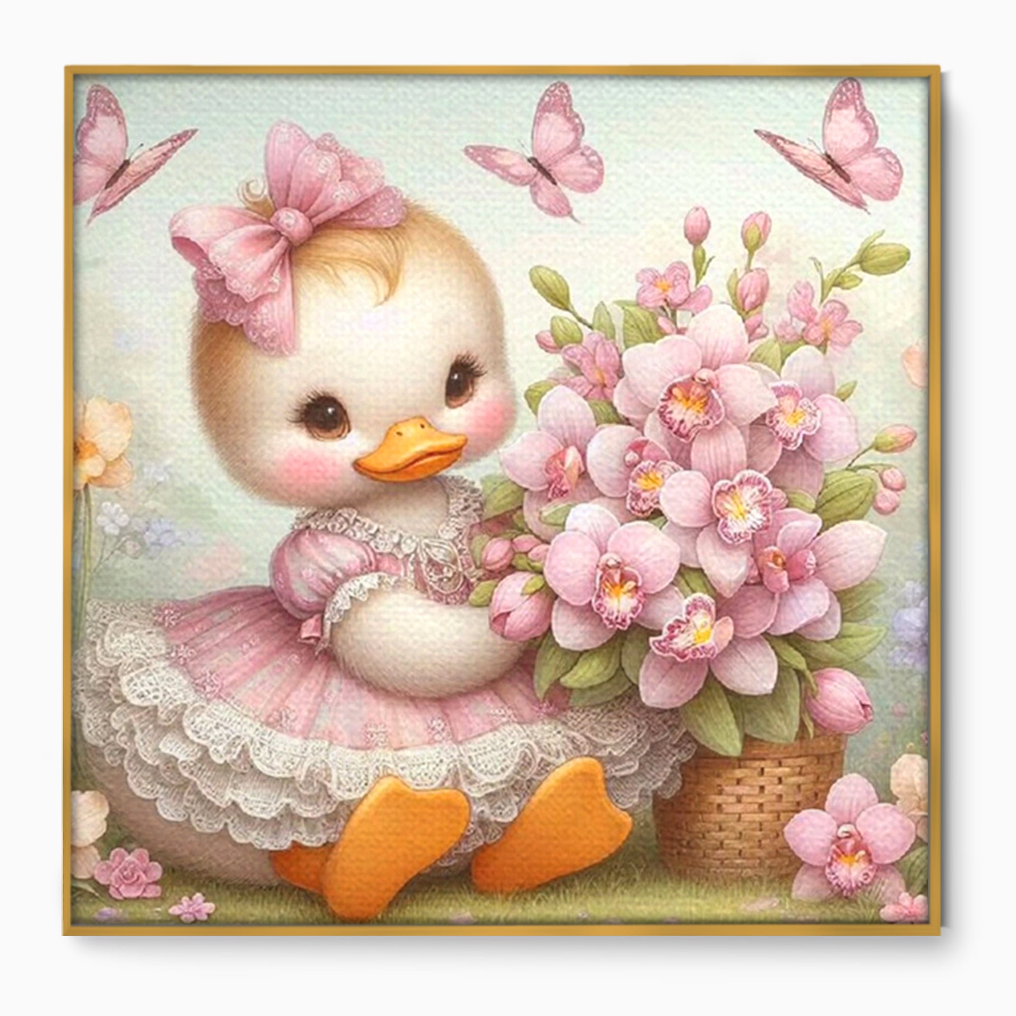 Tablou canvas cu ilustratie cu ratusca roz si fluturi, in rama de aluminiu auriu