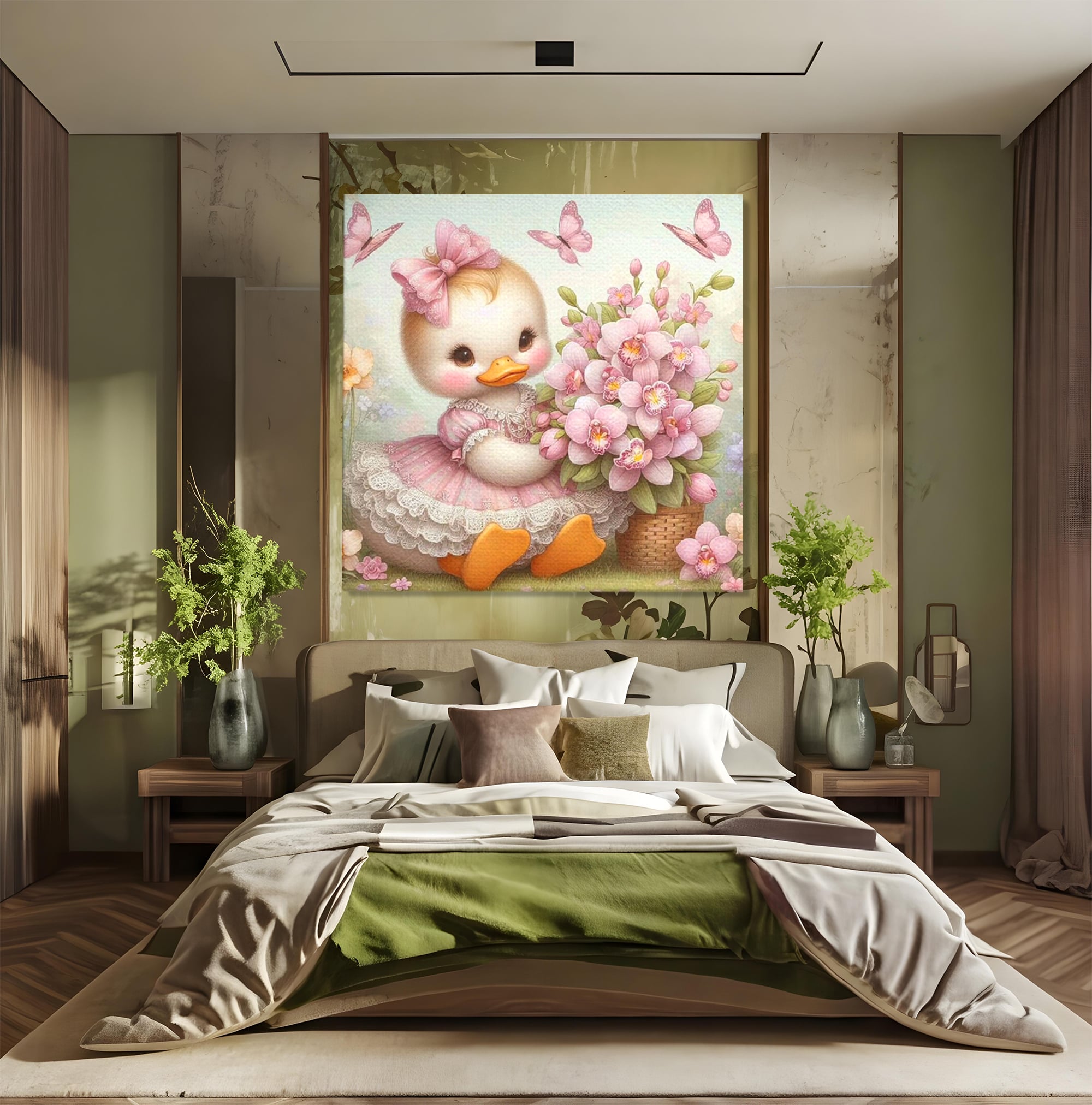 Tablou canvas cu ilustratie cu ratusca roz si fluturi, fara rama, pe sasiu de lemn, pe perete intr-un dormitor