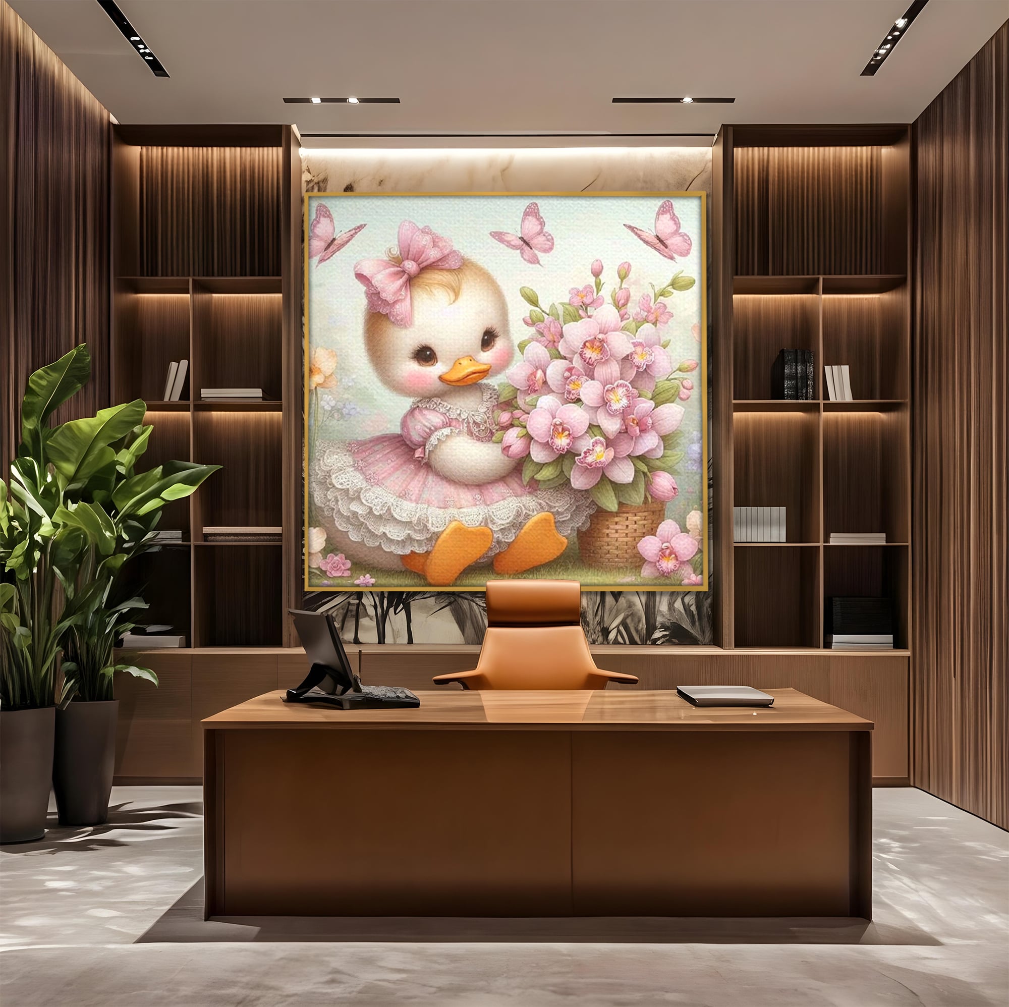 Tablou canvas cu ilustratie cu ratusca roz si fluturi, in rama de aluminiu auriu, pe perete intr-un birou