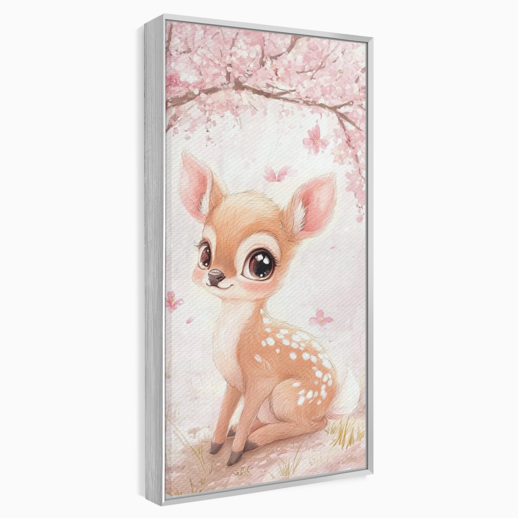 Tablou canvas cu ilustratie cu un pui de caprioara, in rama de aluminiu argintiu