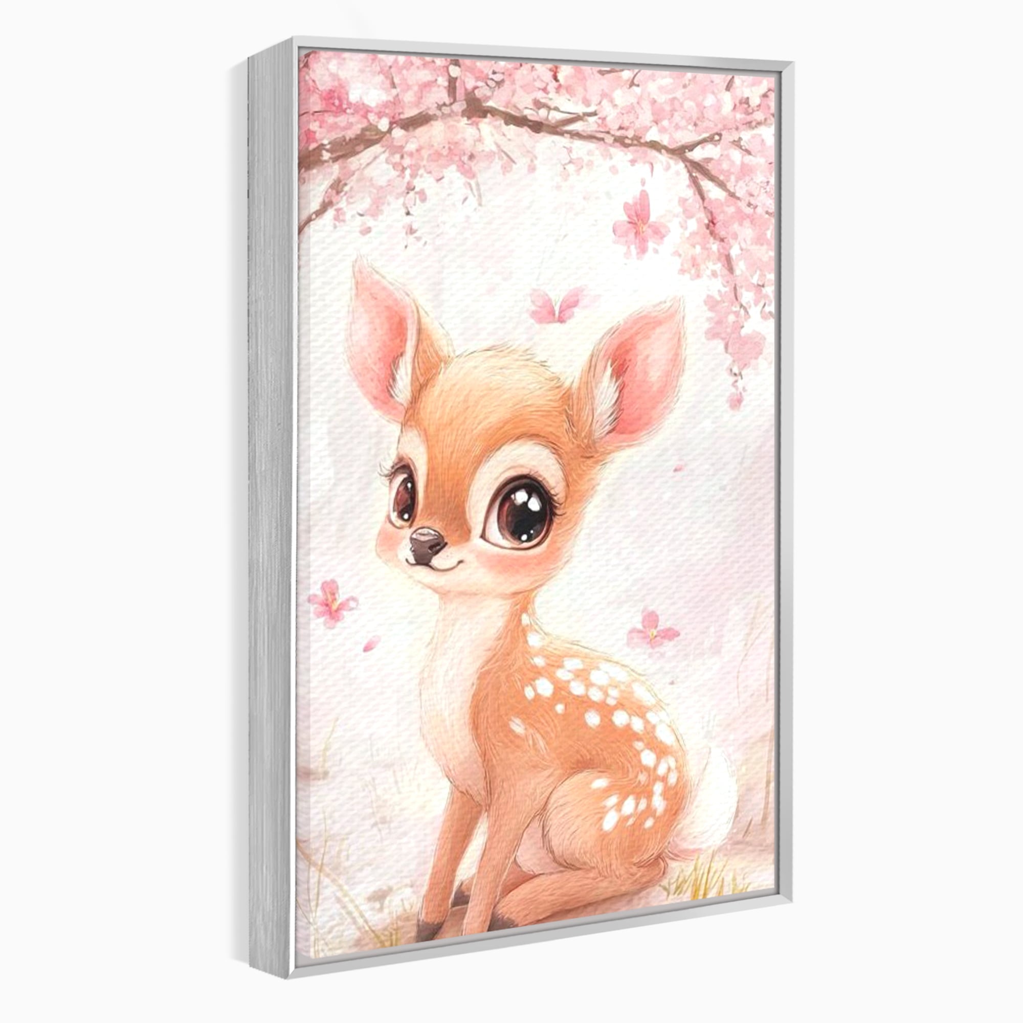 Tablou canvas cu ilustratie cu un pui de caprioara, in rama de aluminiu argintiu