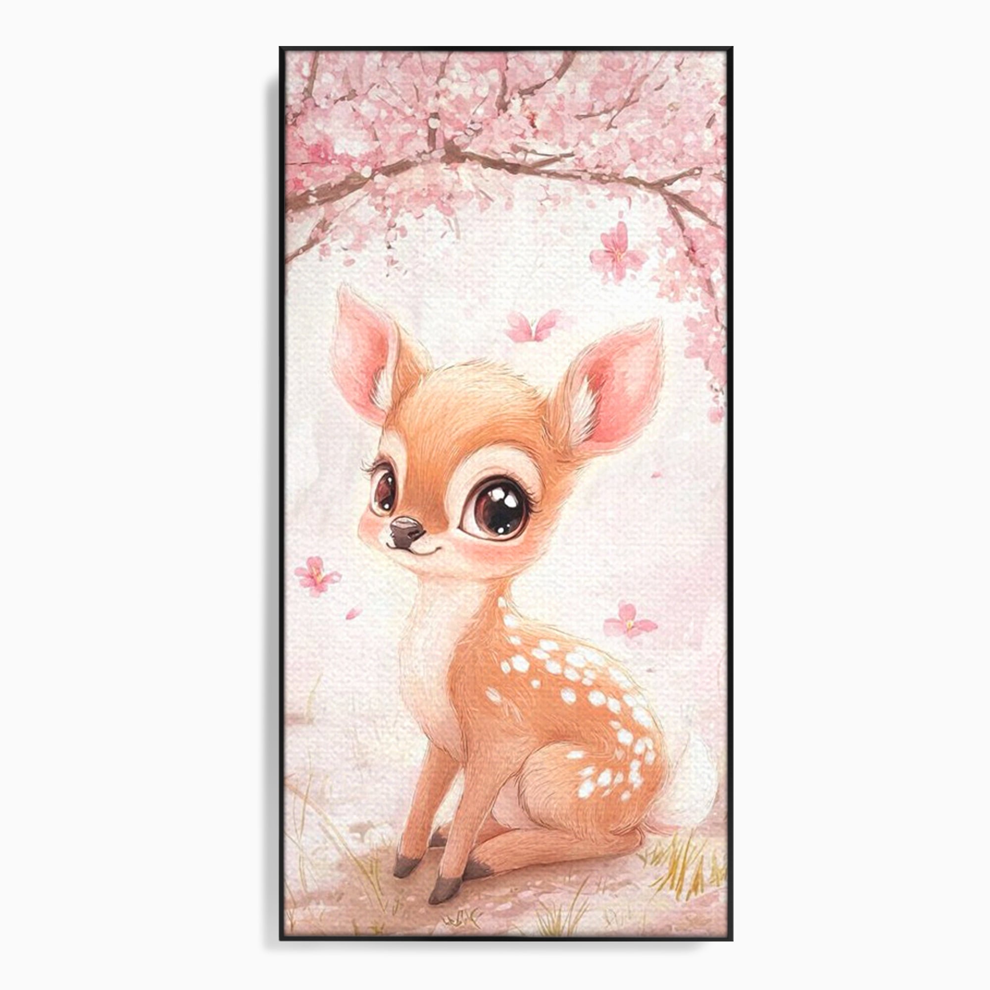 Tablou canvas cu ilustratie cu un pui de caprioara, in rama de aluminiu negru