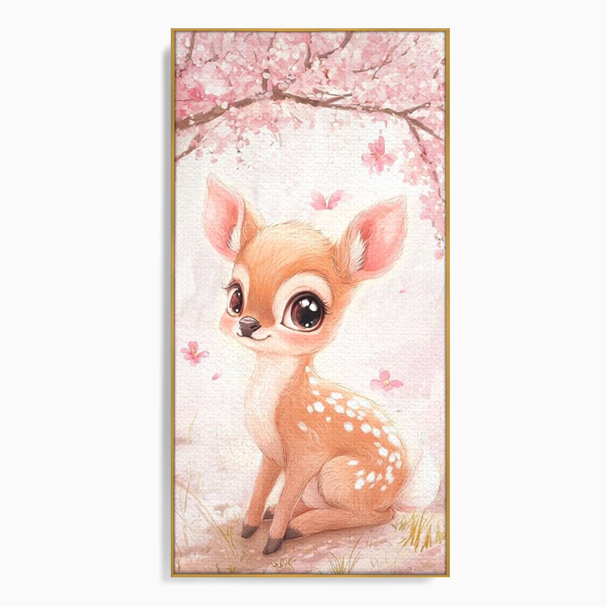 Tablou canvas cu ilustratie cu un pui de caprioara, in rama de aluminiu auriu