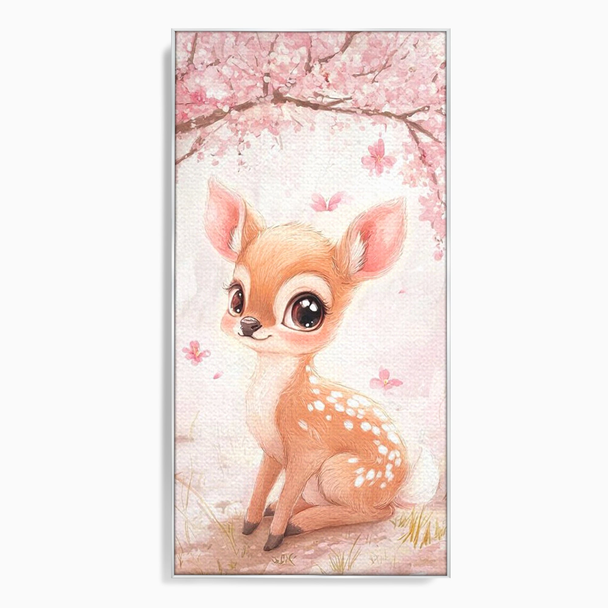 Tablou canvas cu ilustratie cu un pui de caprioara, in rama de aluminiu argintiu