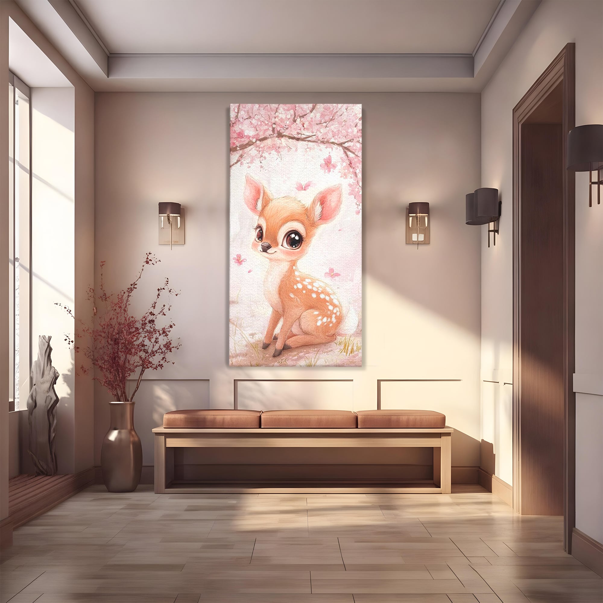 Tablou canvas cu ilustratie cu un pui de caprioara, fara rama, pe sasiu de lemn